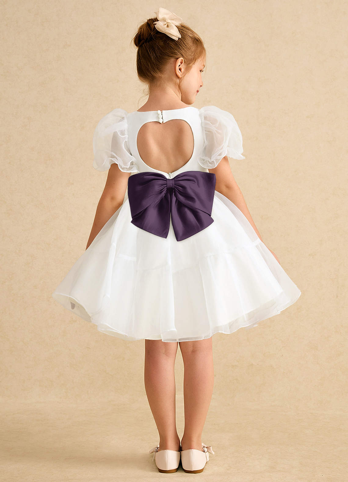 Azazie Debbie Flower Girl Dresses Ivory Plum Ball-Gown Sweetheart Neckline Organza Dress image1