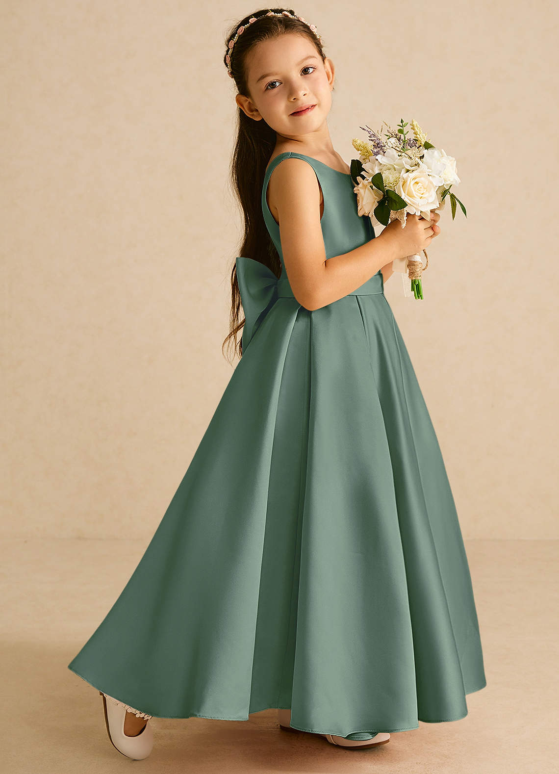 Azazie Pipsy Flower Girl Dresses Eucalyptus A-Line Bow Matte Satin Dress image2