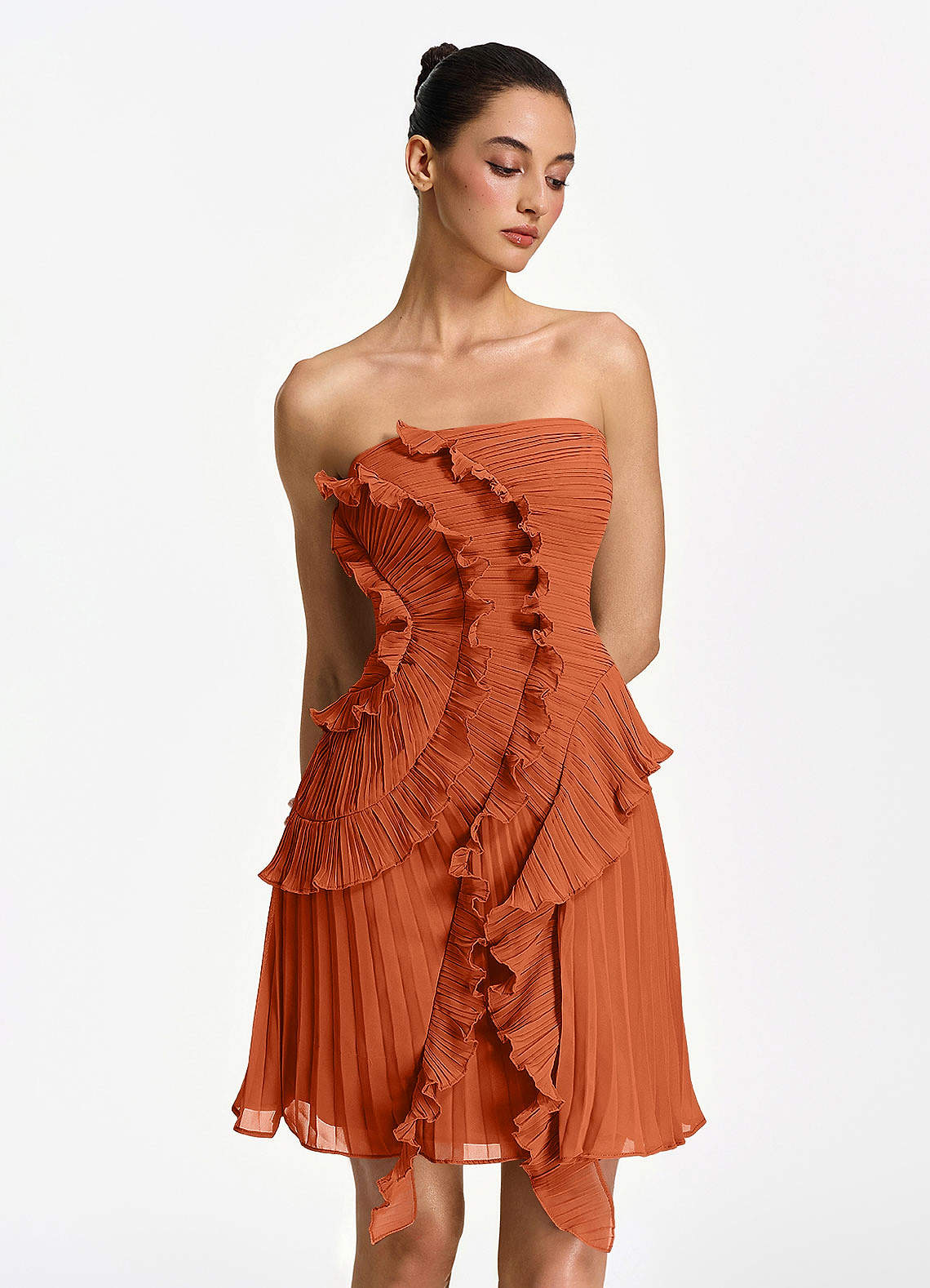 burnt orange homecoming dresses Ilona Strapless Pleated Ruffle Lace Up Mini Dress Prom and Black wedding guest maxi dress