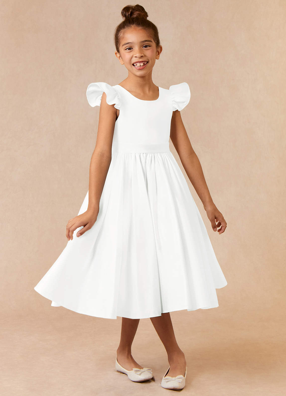 V-Neck Acetate Satin Girl's Dress with Bow Ivory