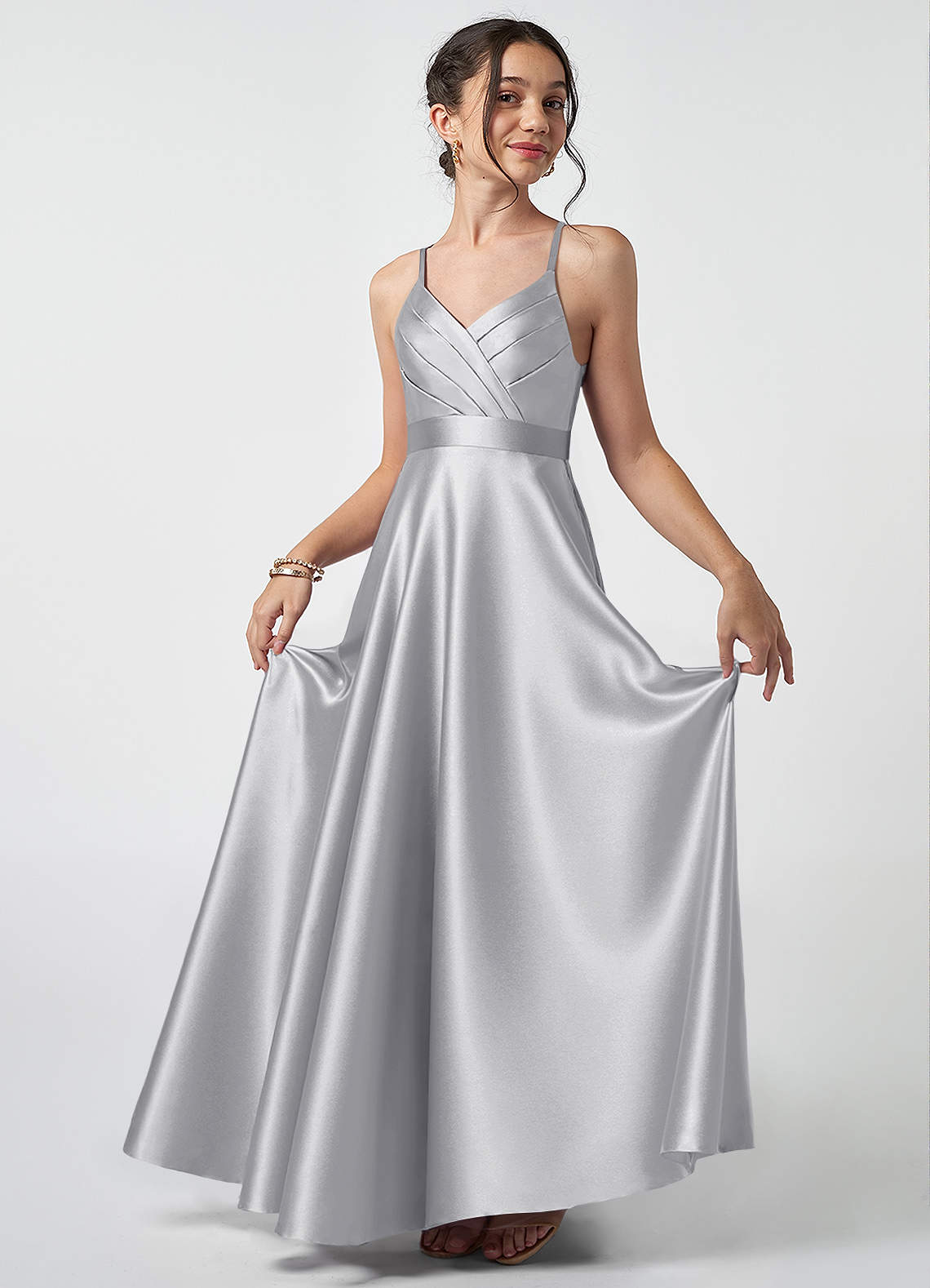 Azazie Avelina Junior Silver A-Line Pleated Metallic Satin Dress image1