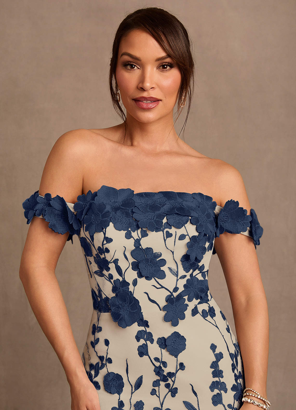 Azazie Lotta Mother of the Bride Dresses Dark Navy Champagne Mermaid Off the Shoulder Lace Dress image4