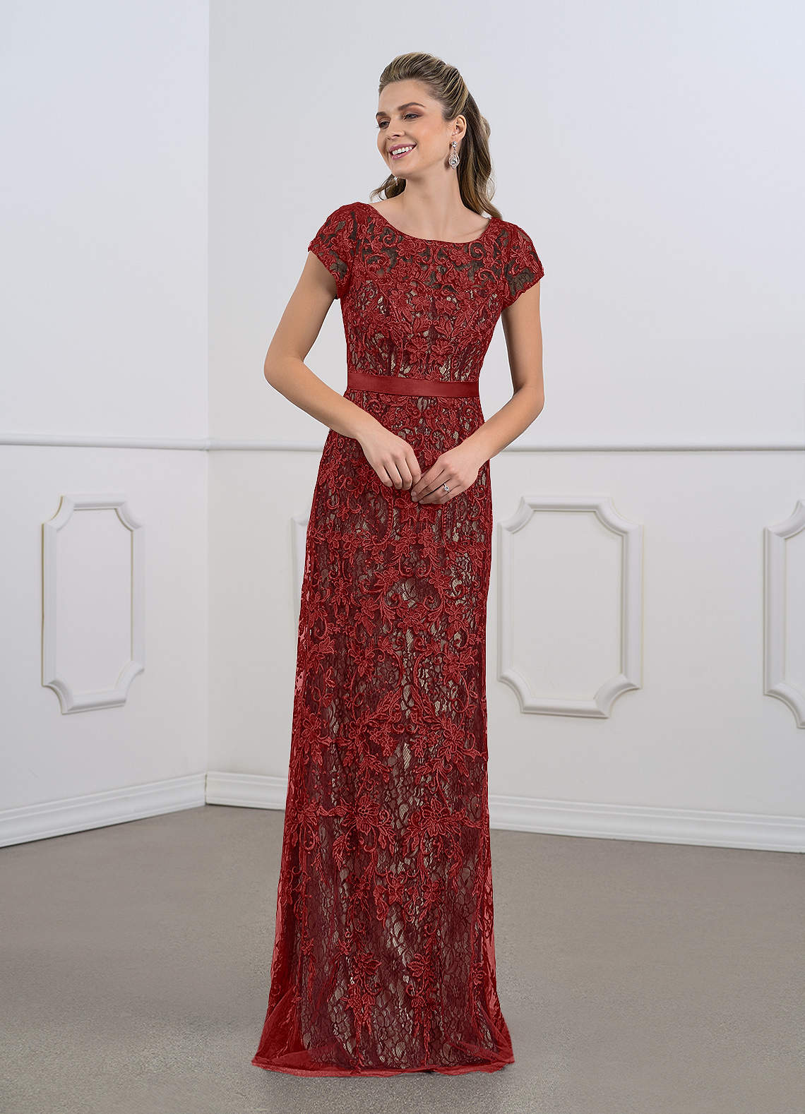 Azazie Dorit Mother of the Bride Dresses Rust Champagne Sheath Scoop Lace Dress image1