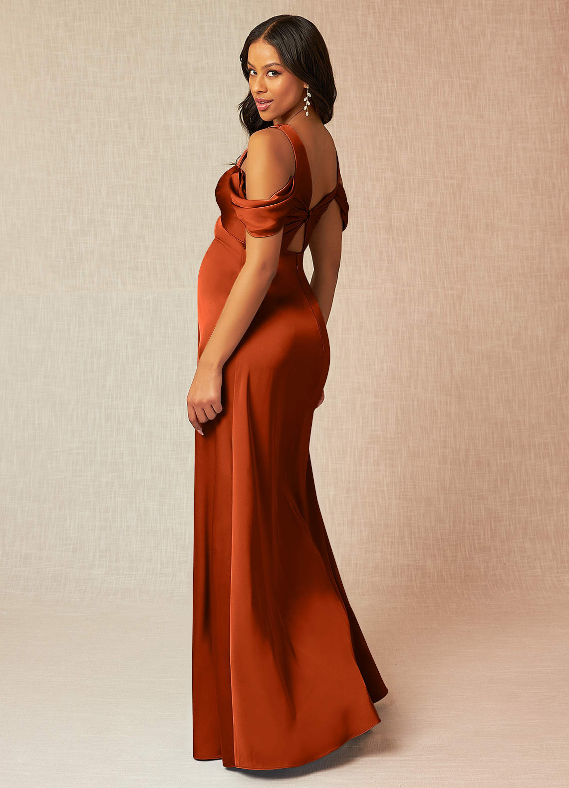 Azazie Rhea At-home Try On Dresses A-Line Off-The-Shouler Pleated Stretch Satin Floor-Length Dress image4