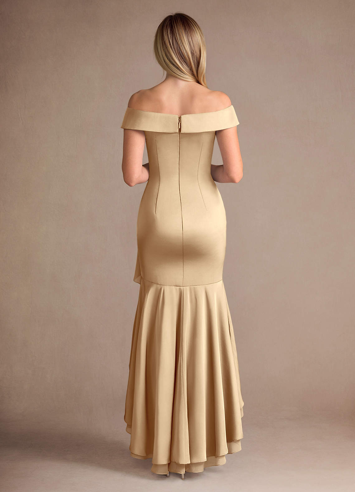 Azazie Billings Mother of the Bride Dresses Champagne Mermaid Off the Shoulder Stretch Satin Dress image3