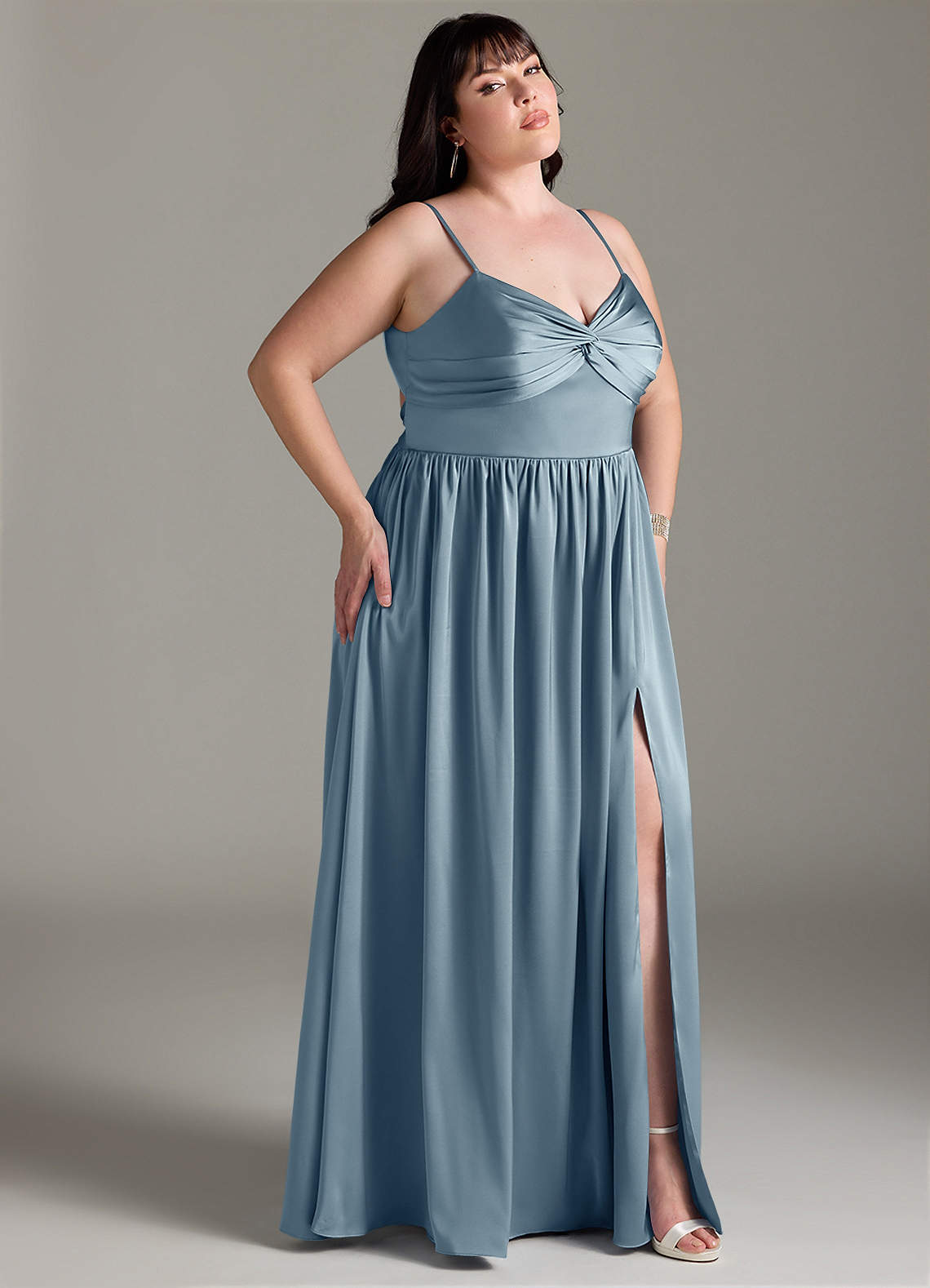 Azazie Zeya Bridesmaid Dresses Dusty Blue A-Line Pleated Stretch Satin Dress image10
