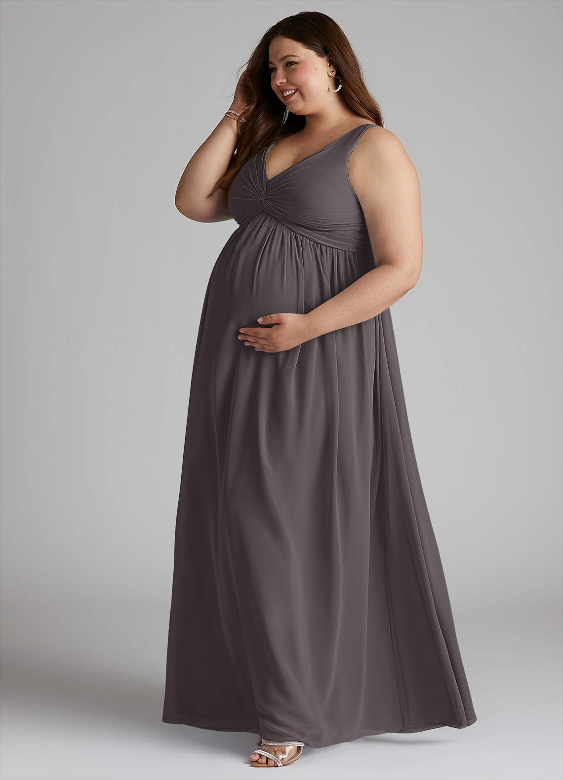 Azazie Yetta Maternity Bridesmaid Dresses A-Line V-Neck Gathered Chiffon Floor-Length Dress image9