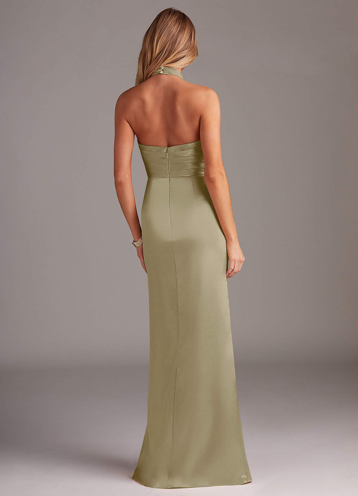 moss satin bridesmaid dress AW.Bridal A-line V-Neck Floor Length Sleeveless Spaghetti Straps Satin Ruching Split Floral Plus Size Dresses Floral Dress Mottled Moss Green Size 4