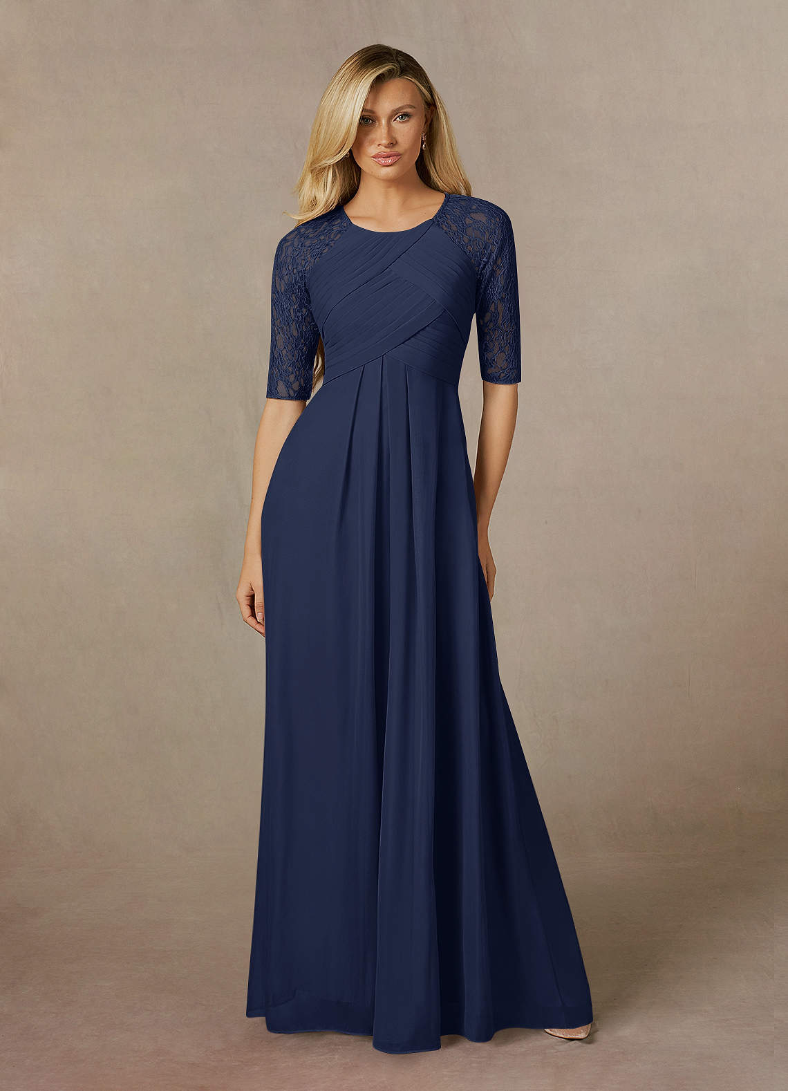 Dark Navy Azazie Raelyn A-Line Lace Mesh Floor-Length Dress | Azazie