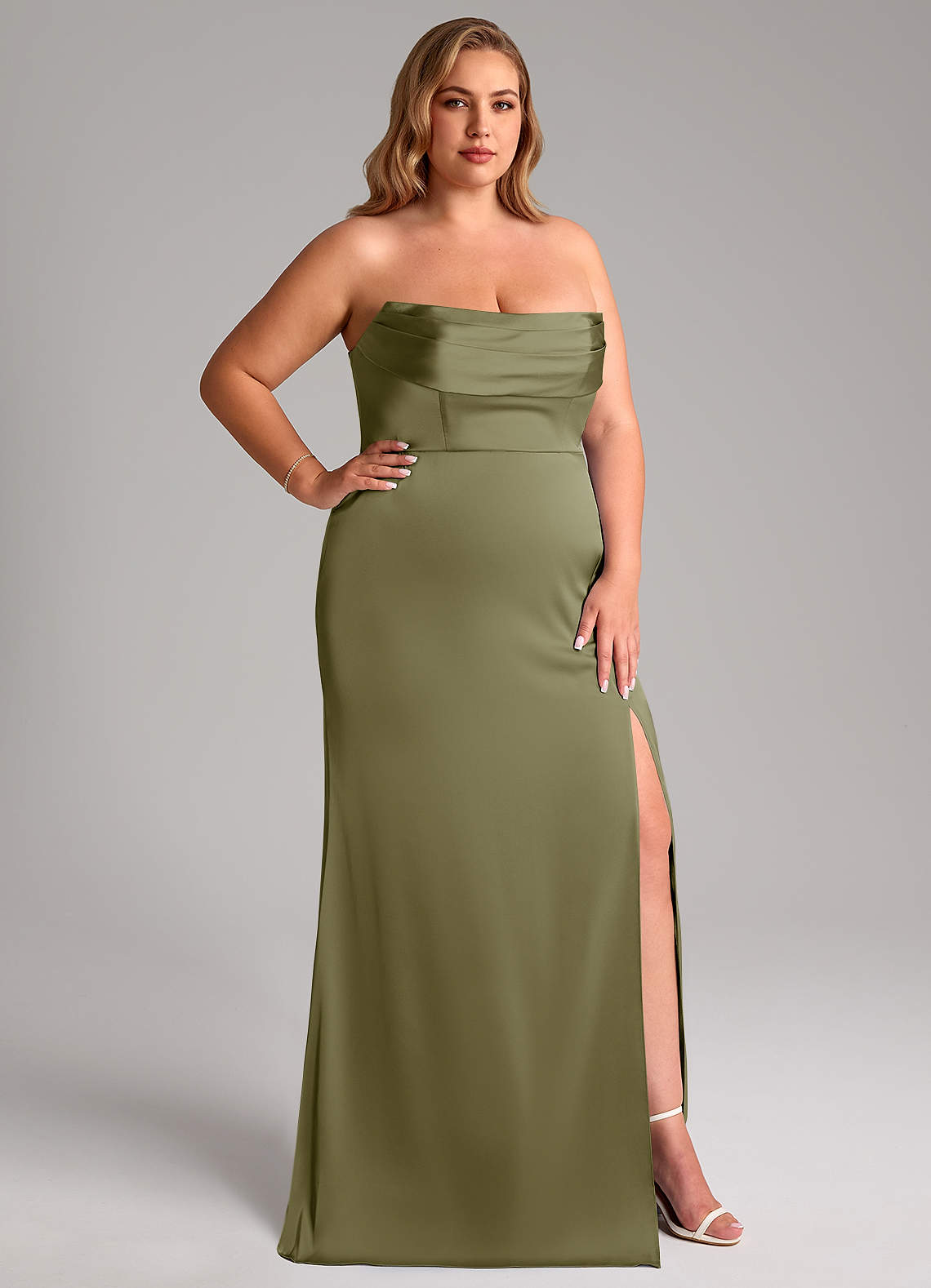 Azazie Saige Bridesmaid Dresses Pistachio Sheath Off the Shoulder Stretch Satin Dress image16