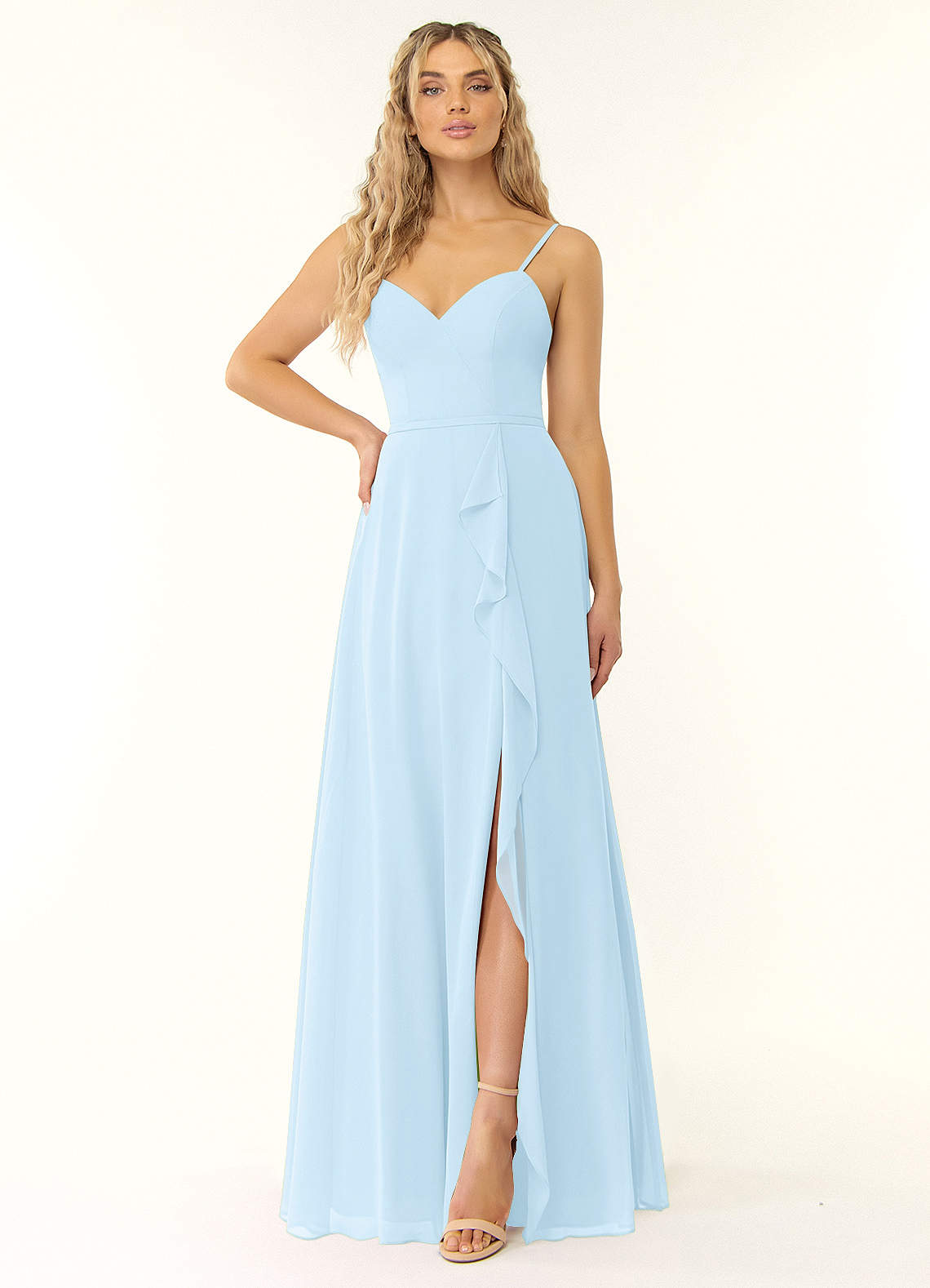 Azazie Naeem Bridesmaid Dresses Sky Blue A-Line V-Neck Ruffle Chiffon Dress image1