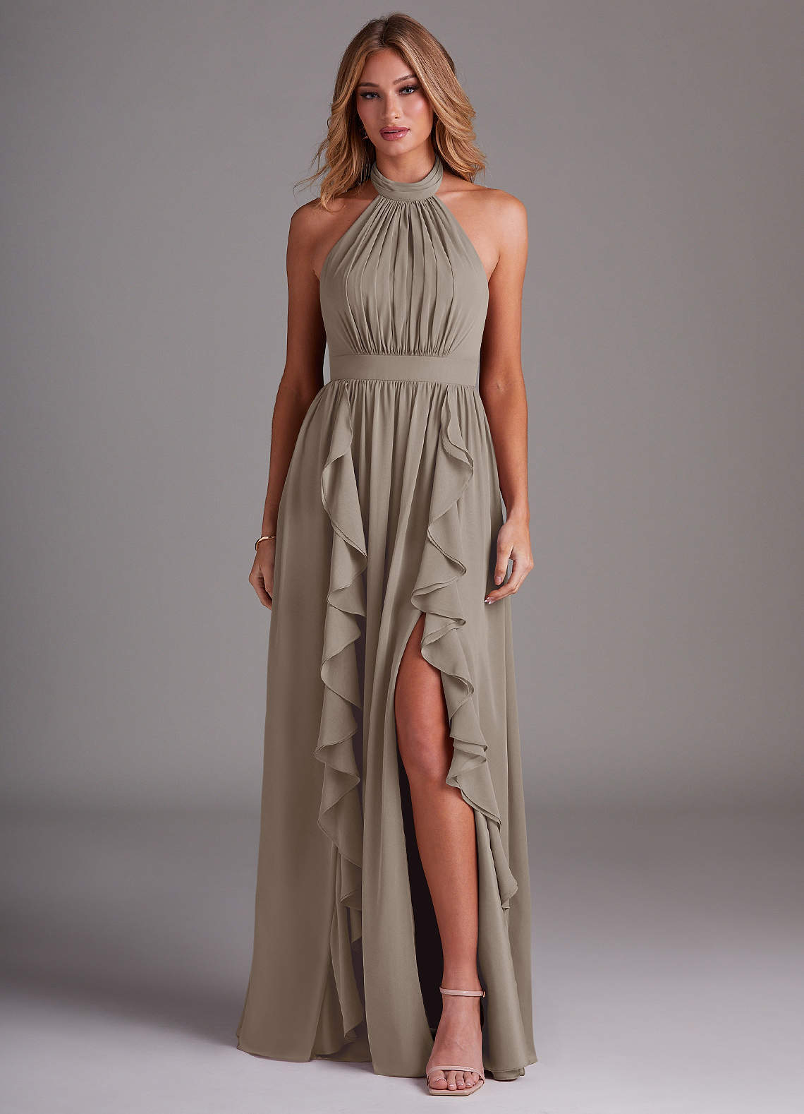 Azazie Avary Bridesmaid Dresses Taupe A-Line Pleated Chiffon Dress image1