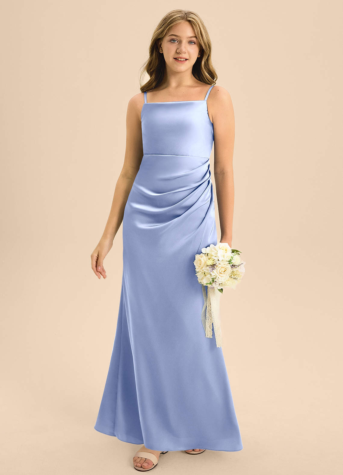 Azazie Renna Junior Linia A Pofałdowany Satyna elastyczna Długość podłogi Młodsza druhna Sukienka image4