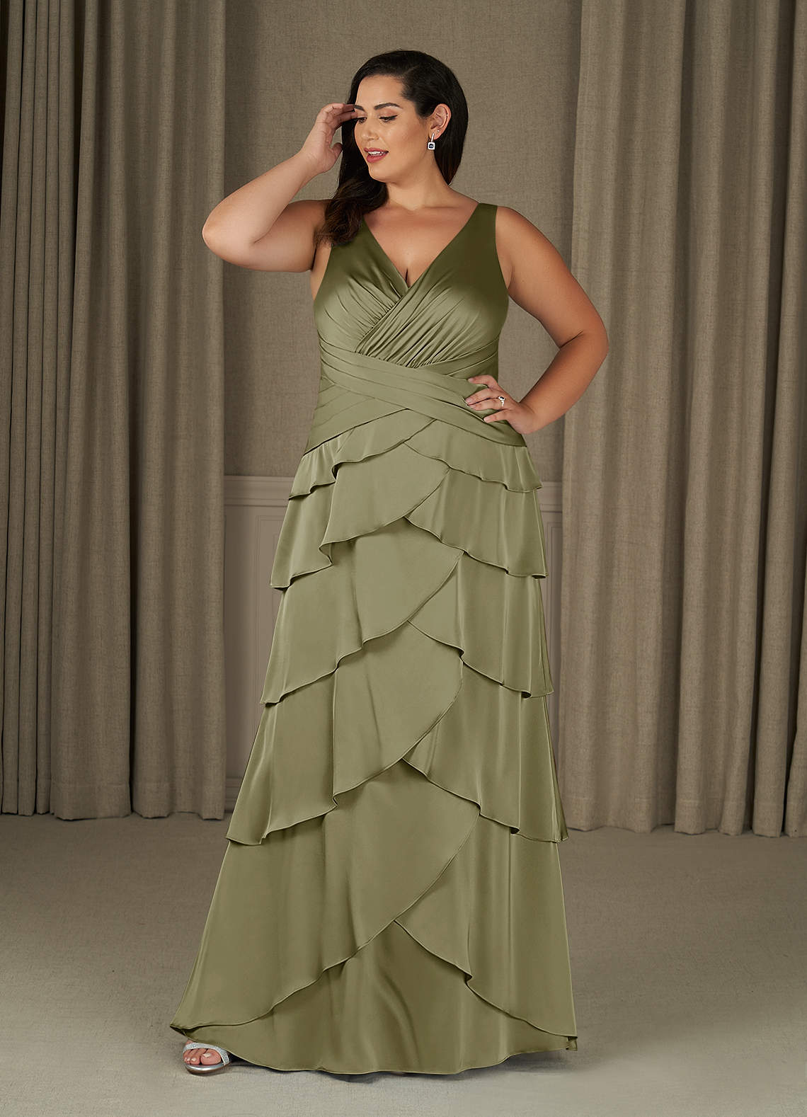 Azazie Viola Mother of the Bride Dresses Pistachio A-Line Pleated Stretch Satin Dress image1
