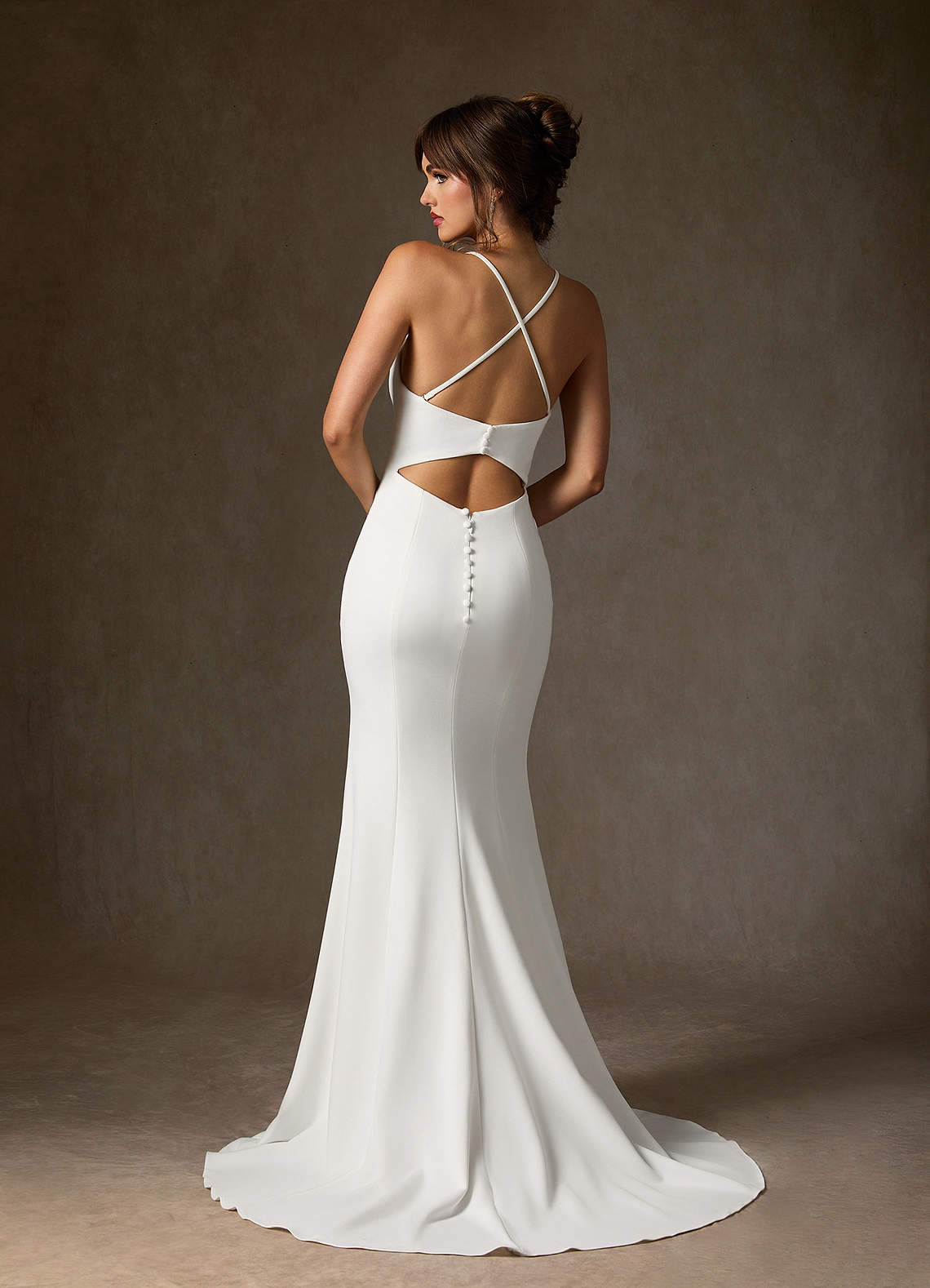 Azazie Iden Wedding Dresses Diamond White Champagne Mermaid V-Neck Stretch Crepe Dress image4