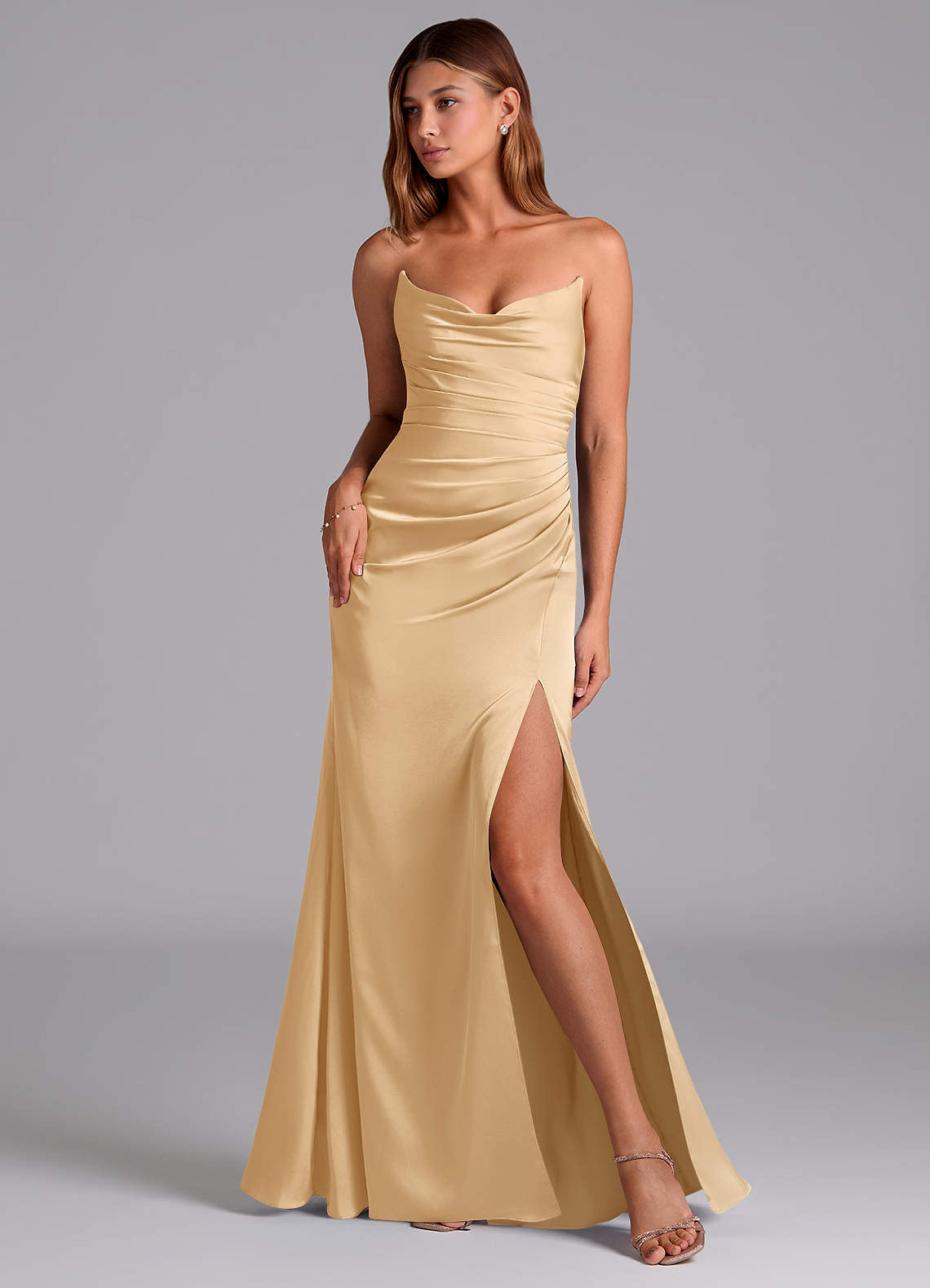 Azazie Claudelle Gold Stretch Satin Bridesmaid Dresses | Azazie