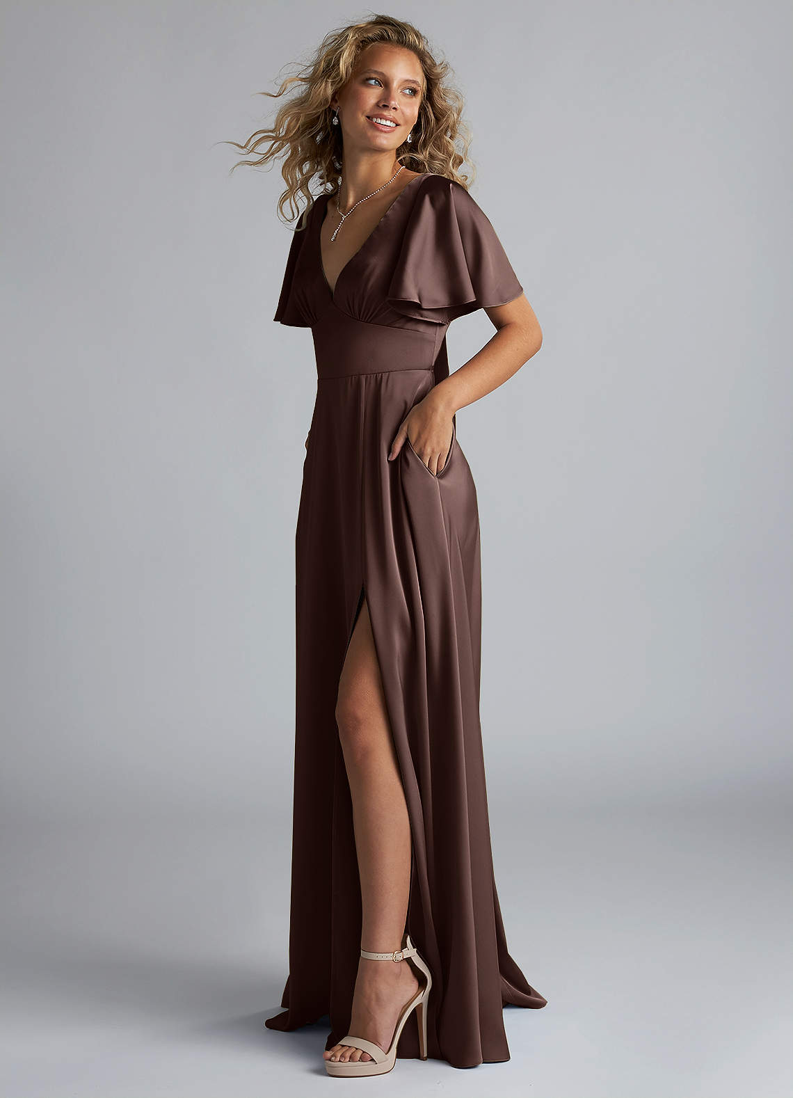 Azazie Kimber Bridesmaid Dresses Ganache A-Line Ruched Stretch Satin Dress image5