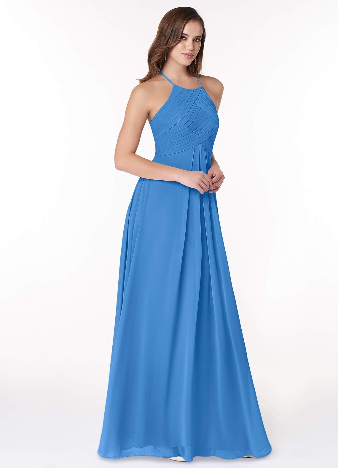 Azazie Ginger Bridesmaid Dresses Blue Jay A-Line Halter Pleated Chiffon Dress image1