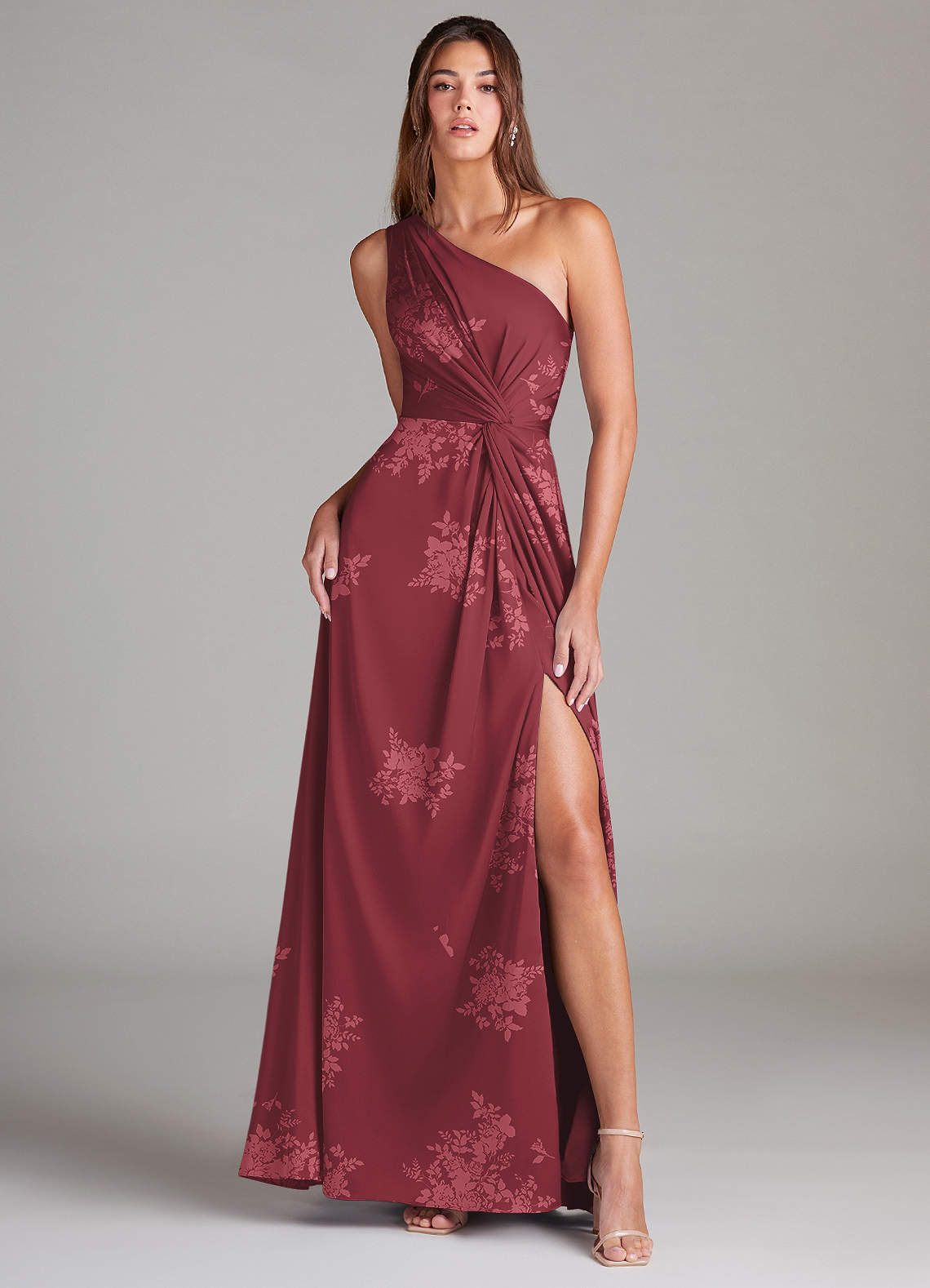 Azazie Brooke Bridesmaid Dresses Burgundy Floral Bouquet A-Line One Shoulder Stretch Satin Dress image1
