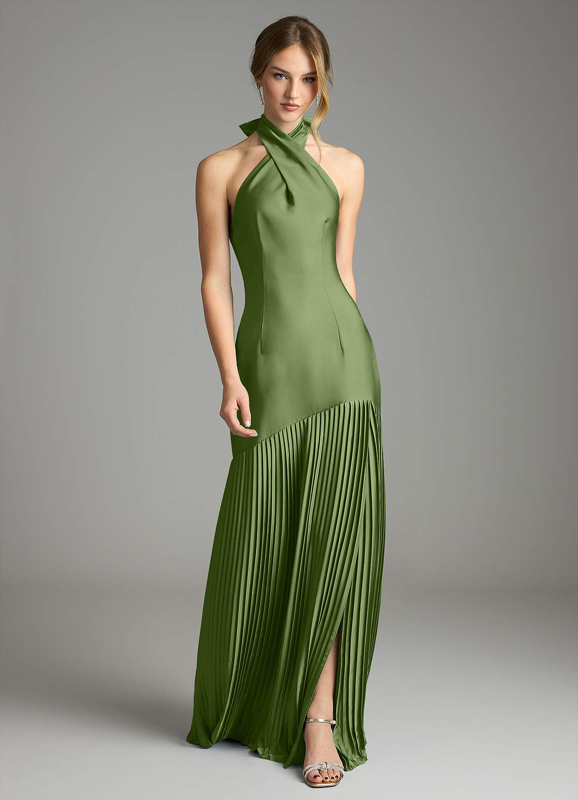 Azazie Nayeli Jurken voor bruidsmeisjes Jurk van Stretch Satijn met A-Lijn Geplooid Jeneverbes image1