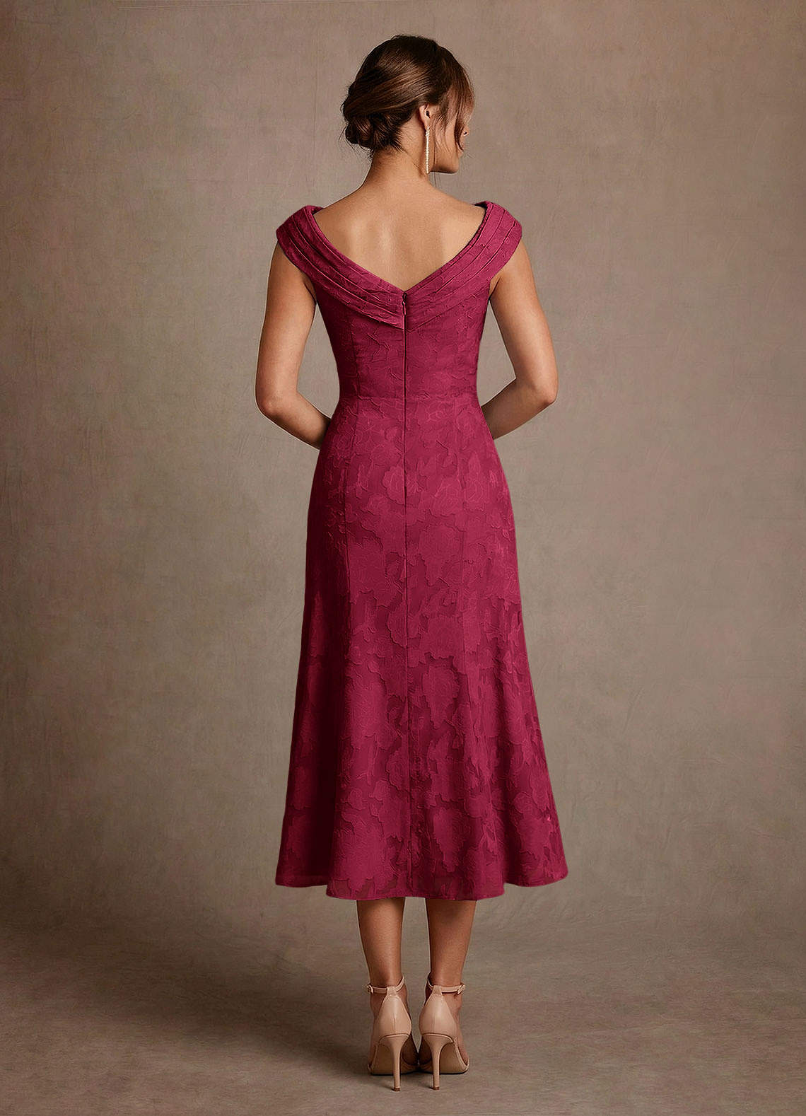 Azazie Keith Mother of the Bride Dresses Burgundy Sheath Pleated Floral Burnout Dress image1