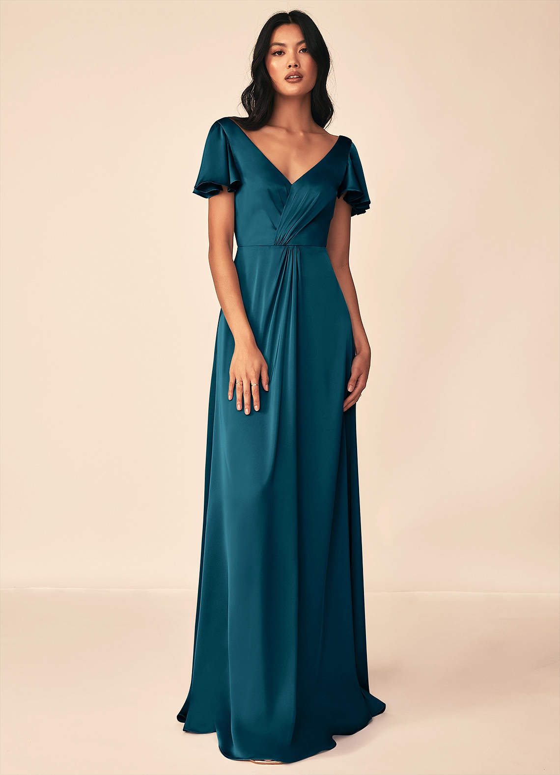 Azazie Soren Brudtärnklänningar Klänning av A-Line i Stretch Satin Plisserad Bläckblå image1