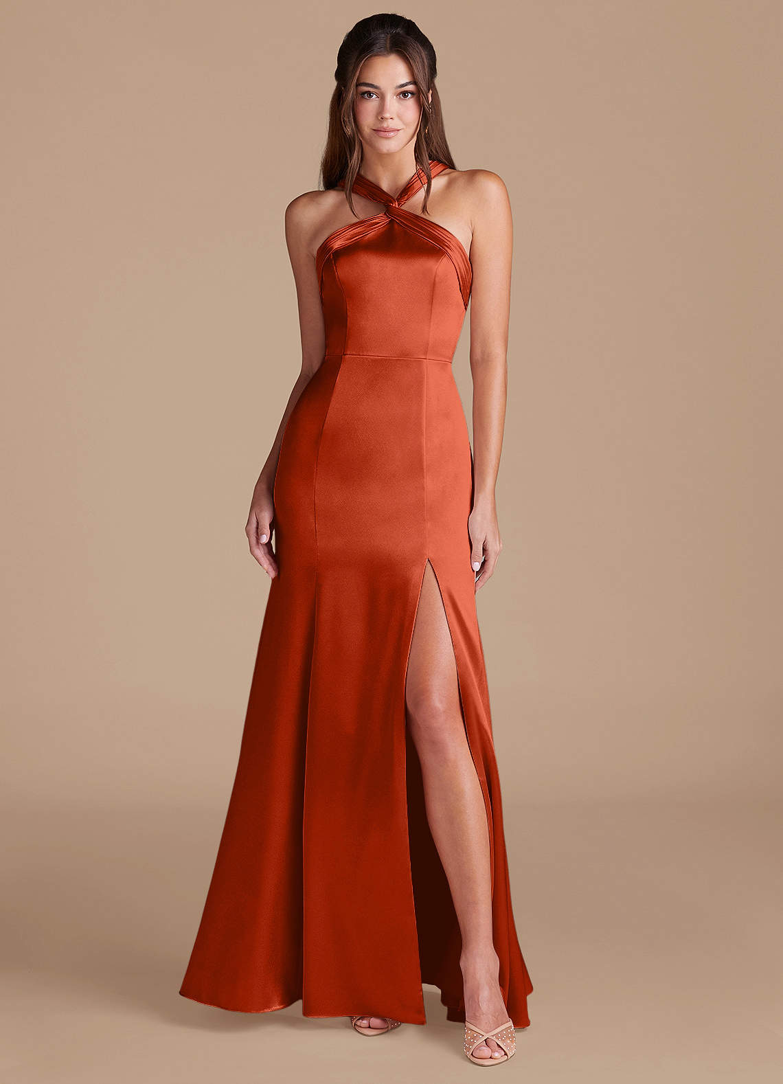 Azazie Rue Bridesmaid Dresses Paprika Sheath Pleated Metallic Satin Dress image1