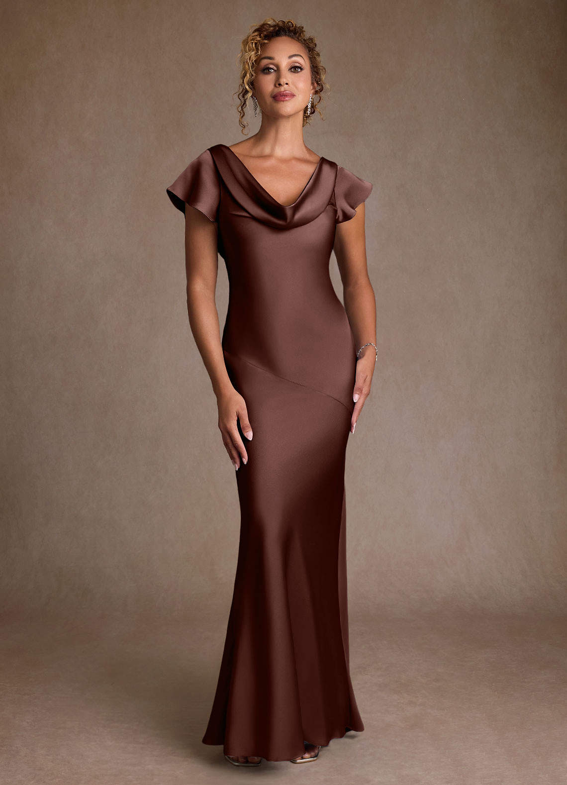 Azazie Shelby Mother of the Bride Dresses Espresso Mermaid Pleated Stretch Satin Dress image3