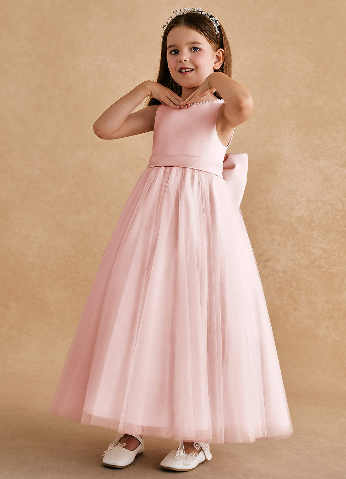 Azazie Cookie Flower Girl Dresses Blushing Pink A-Line Bow Tulle Dress image3