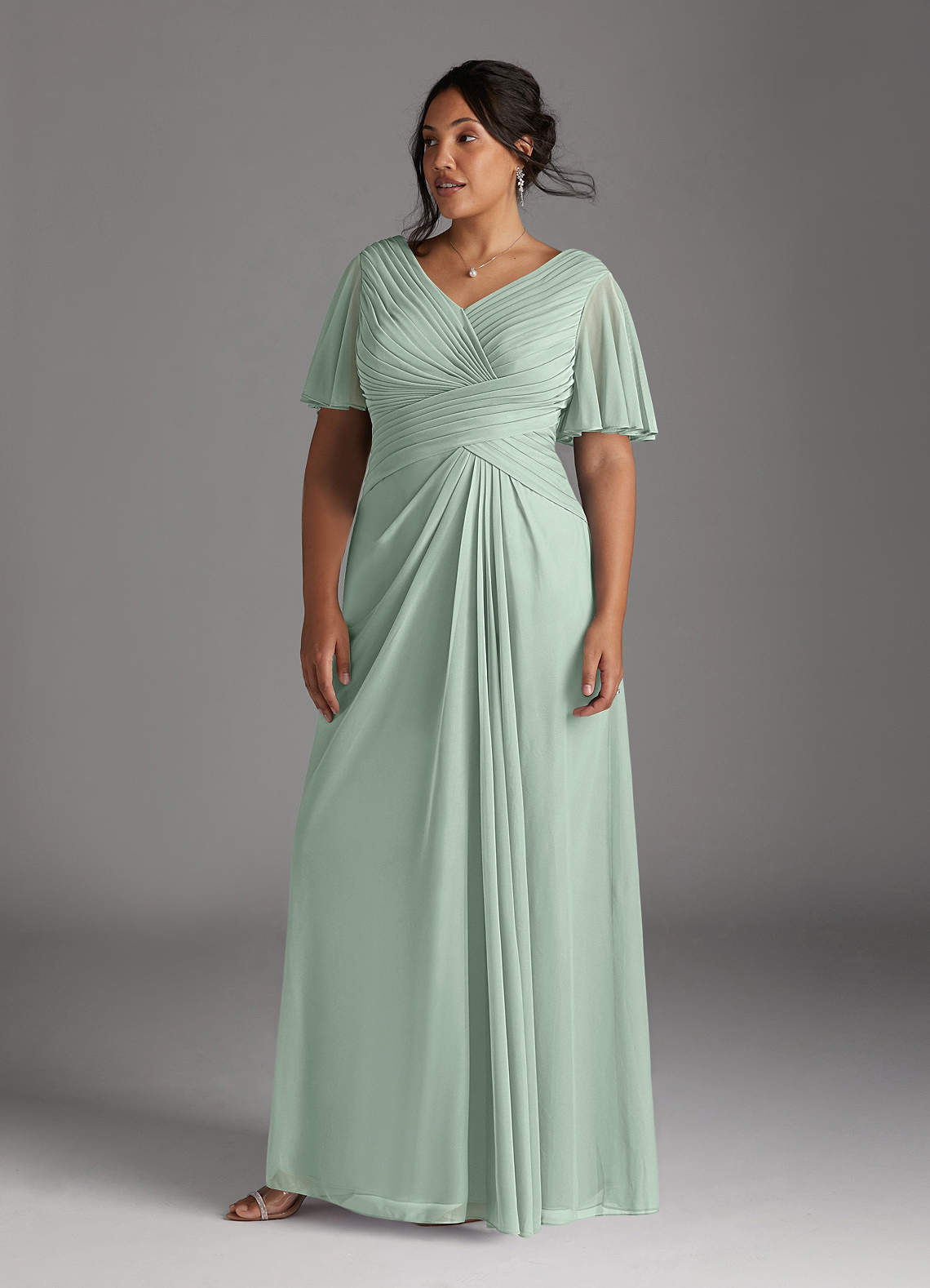 Azazie Emmeline Mother of the Bride Dresses Agave A-Line V-Neck Pleated Mesh Dress image1