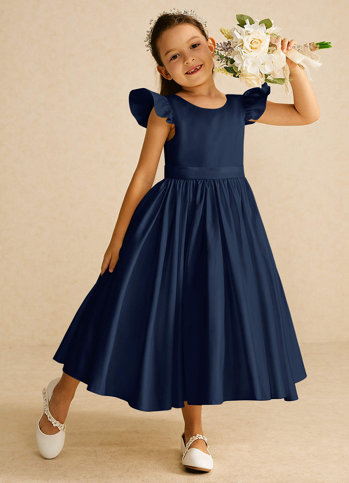 Azazie Violeta vestidos de niña de las flores Vestido de Azul Marino Oscuro de Satin Mate de Princesa con Lazo image1