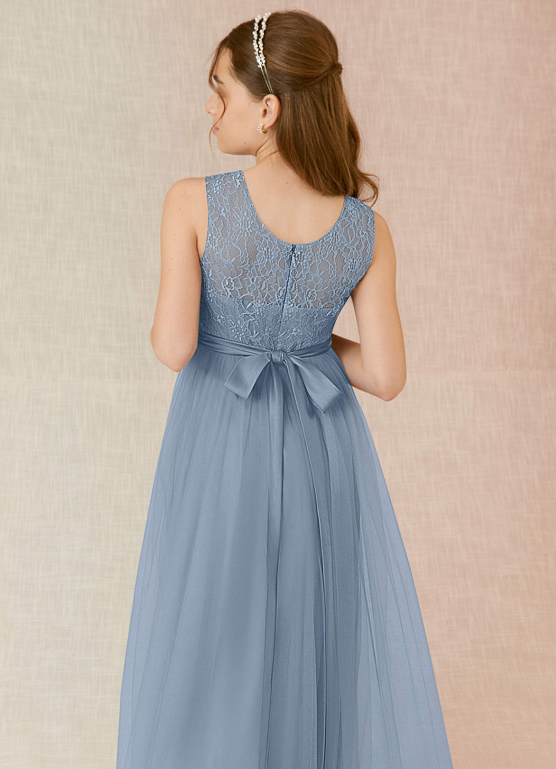 Azazie Georgette Junior Dusty Blue A-Line Lace Tulle Dress image6