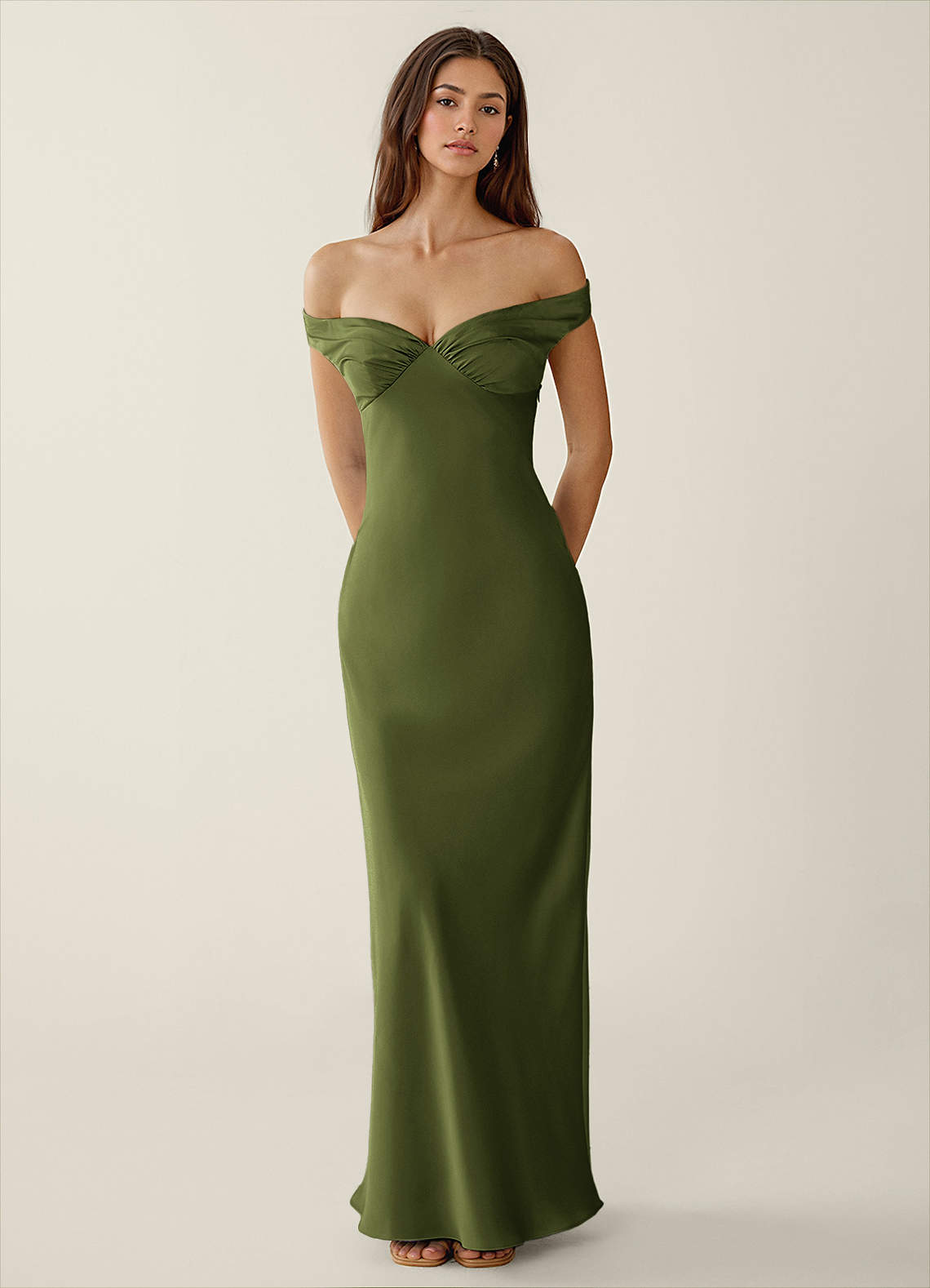 Gwendonme Olive Off-the-Shoulder Satin Crystal Linen Maxi Dress