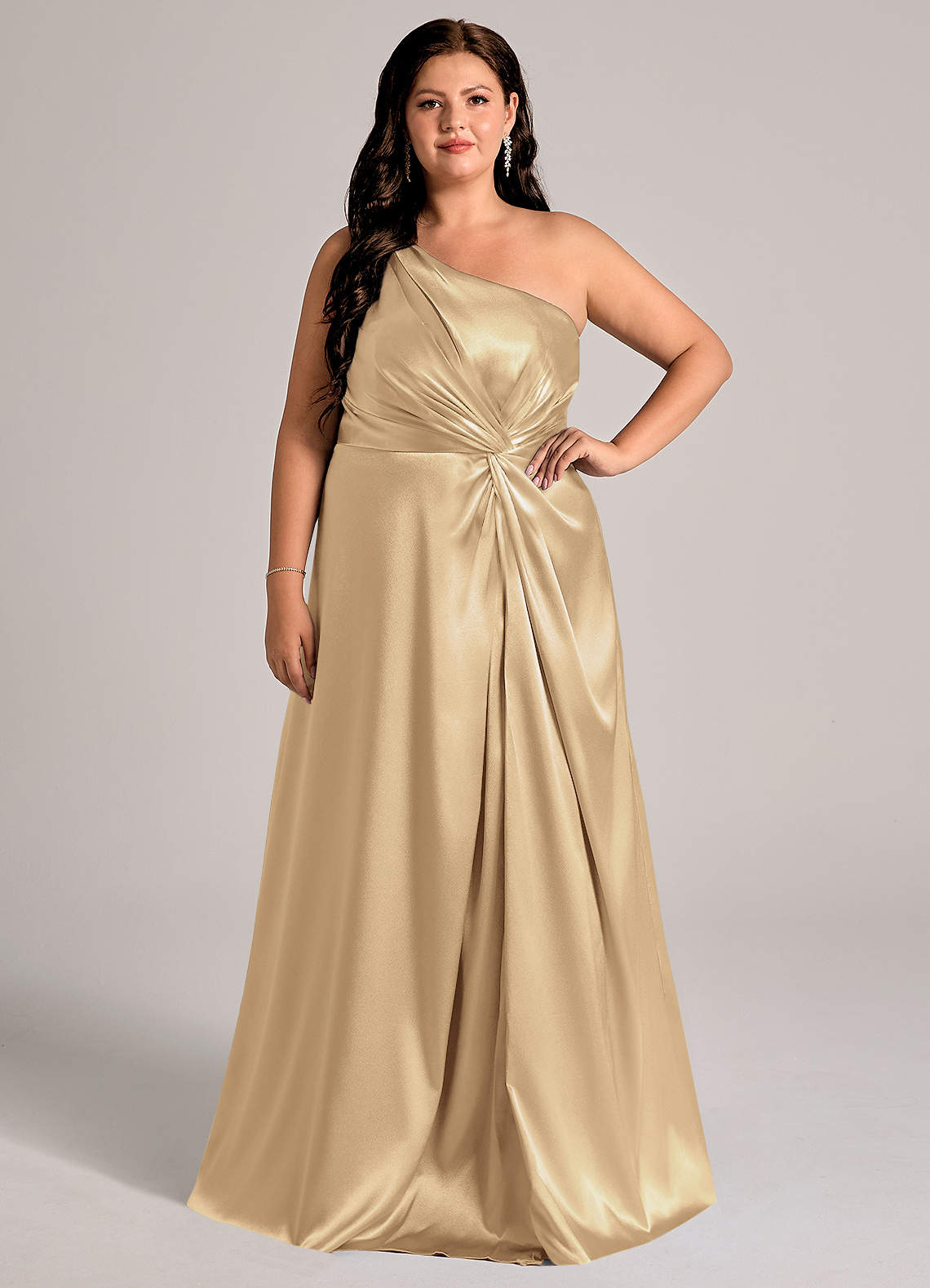 Azazie Brooke Bridesmaid Dresses Champagne A-Line One Shoulder Metallic Satin Dress image1