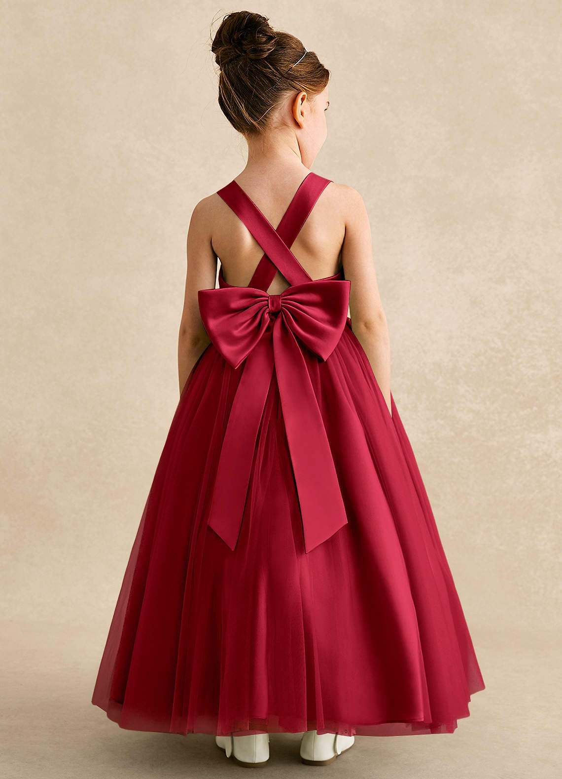 Azazie Peanut Robe Demoiselle D'honneur Fillette Robe Trapèze en Tulle Bretelle Écarlate image1