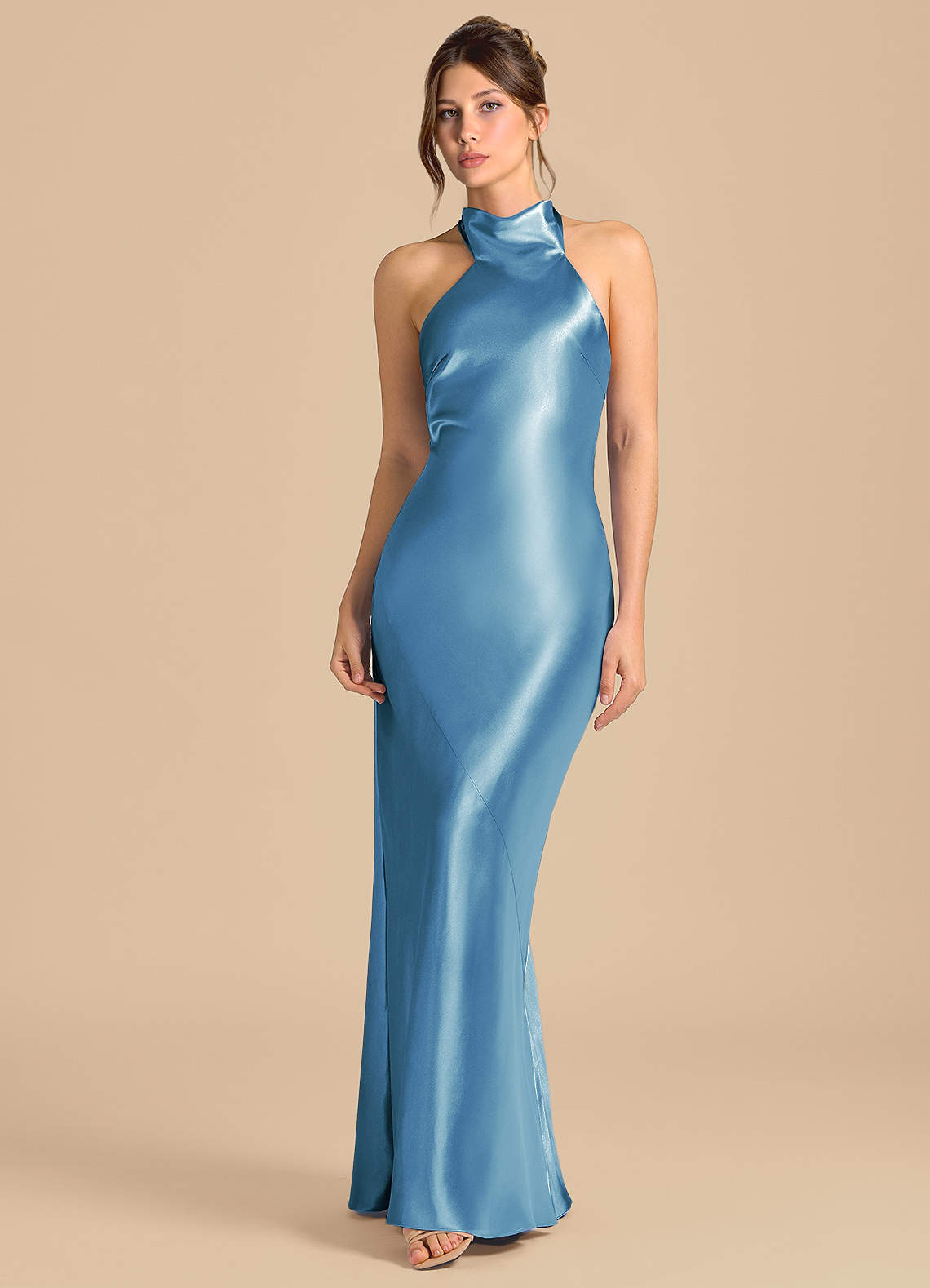 Azazie Velli Vestidos de damas de honor Vestido de Azul Acero de Satén Metálico de Corte Recto con Cuello Alto image3