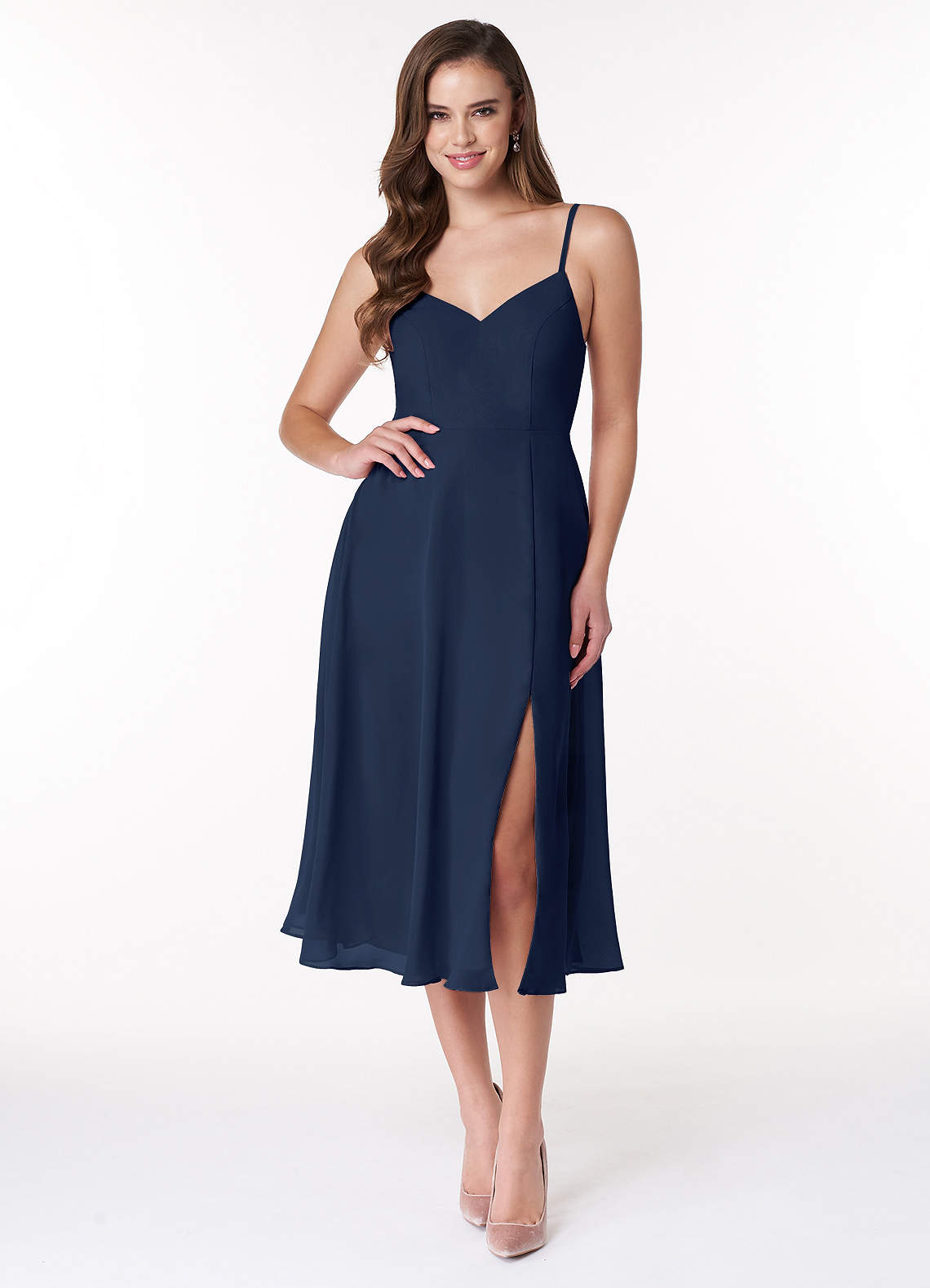 Azazie Clarissa Bridesmaid Dresses Dark Navy A-Line V-Neck Chiffon Dress image1