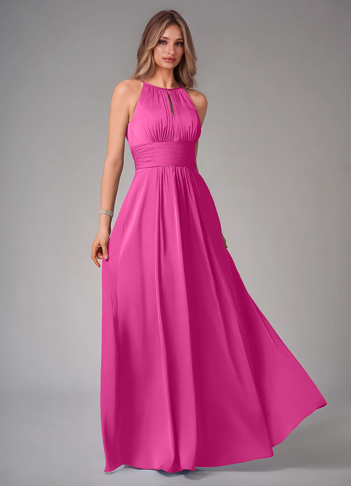 Azazie Bonnie Bridesmaid Dresses Fuchsia A-Line Pleated Stretch Satin Dress image1