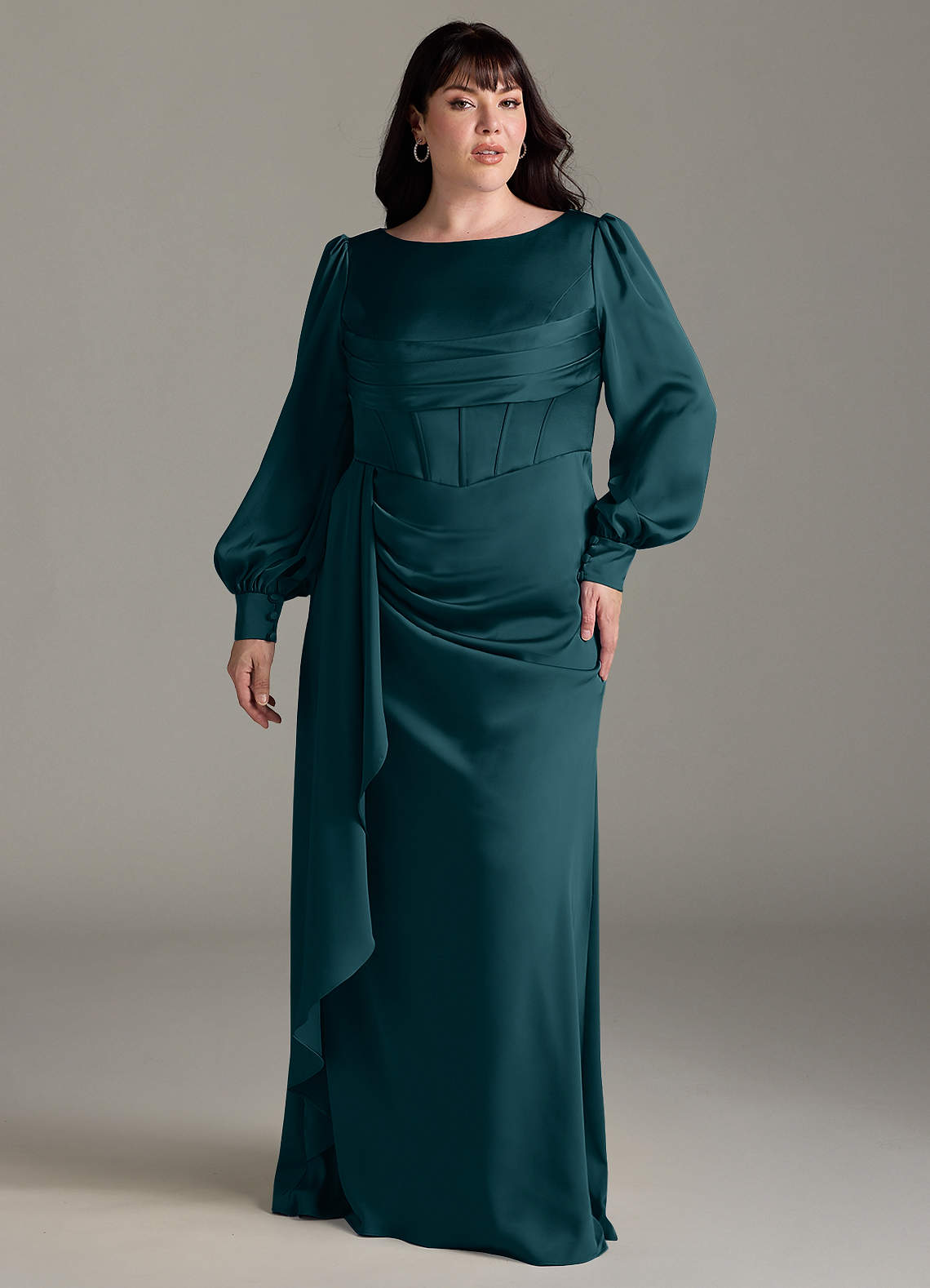 Azazie Raye Bridesmaid Dresses Pine Mermaid Long Sleeve Stretch Satin Dress image1
