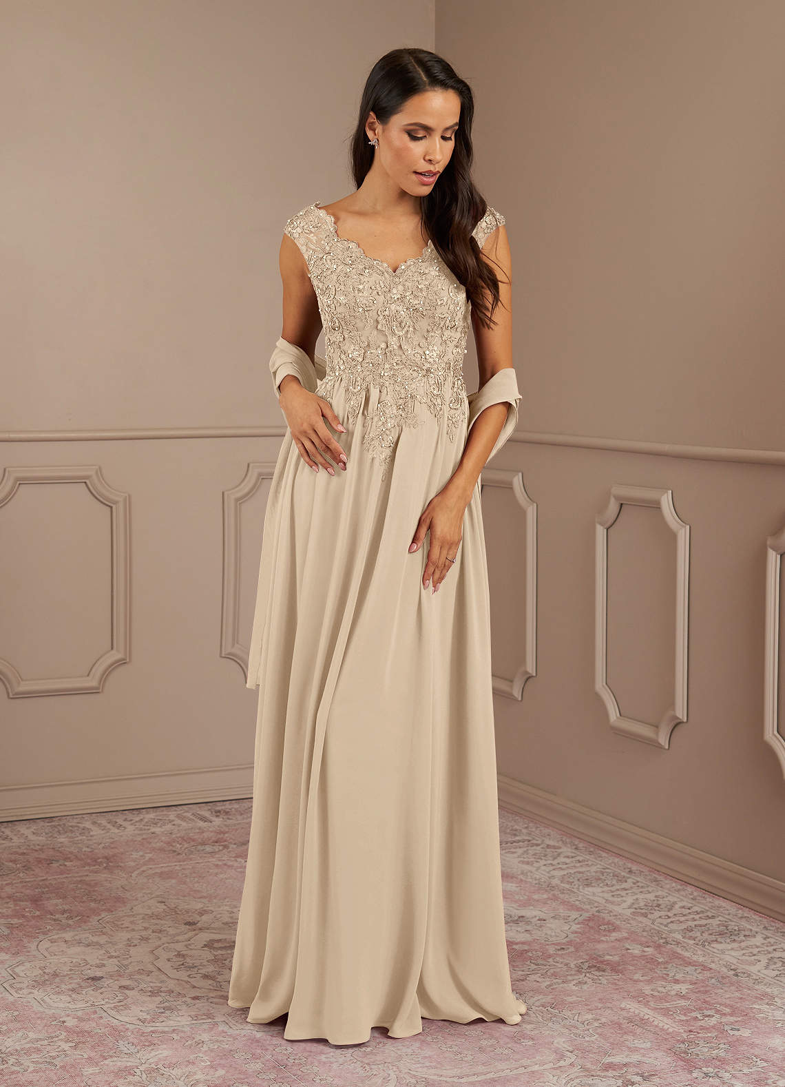 Azazie Amethyst Mother of the Bride Dresses Champagne A-Line V-Neck Sequins Chiffon Dress image1