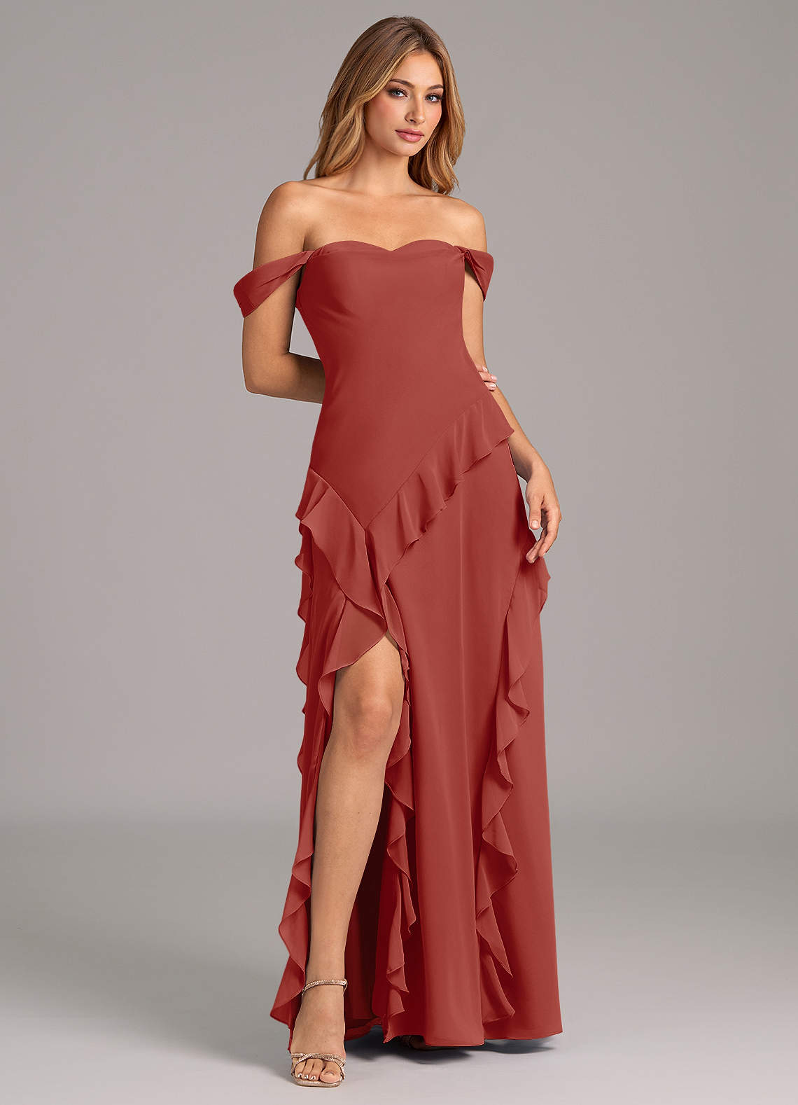 Azazie Sloane At-home Try On Dresses Terracotta A-Line Sweetheart Neckline Chiffon Dress image3