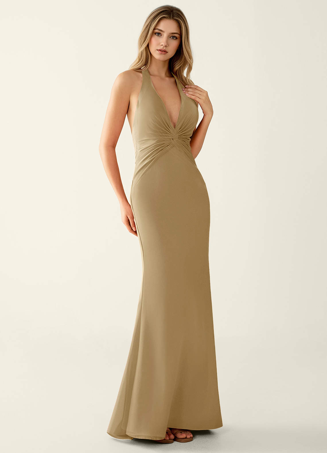 Azazie Champagne Open Back Halter Formal Dress Azazie Champagne Open Back Halter Formal Dress