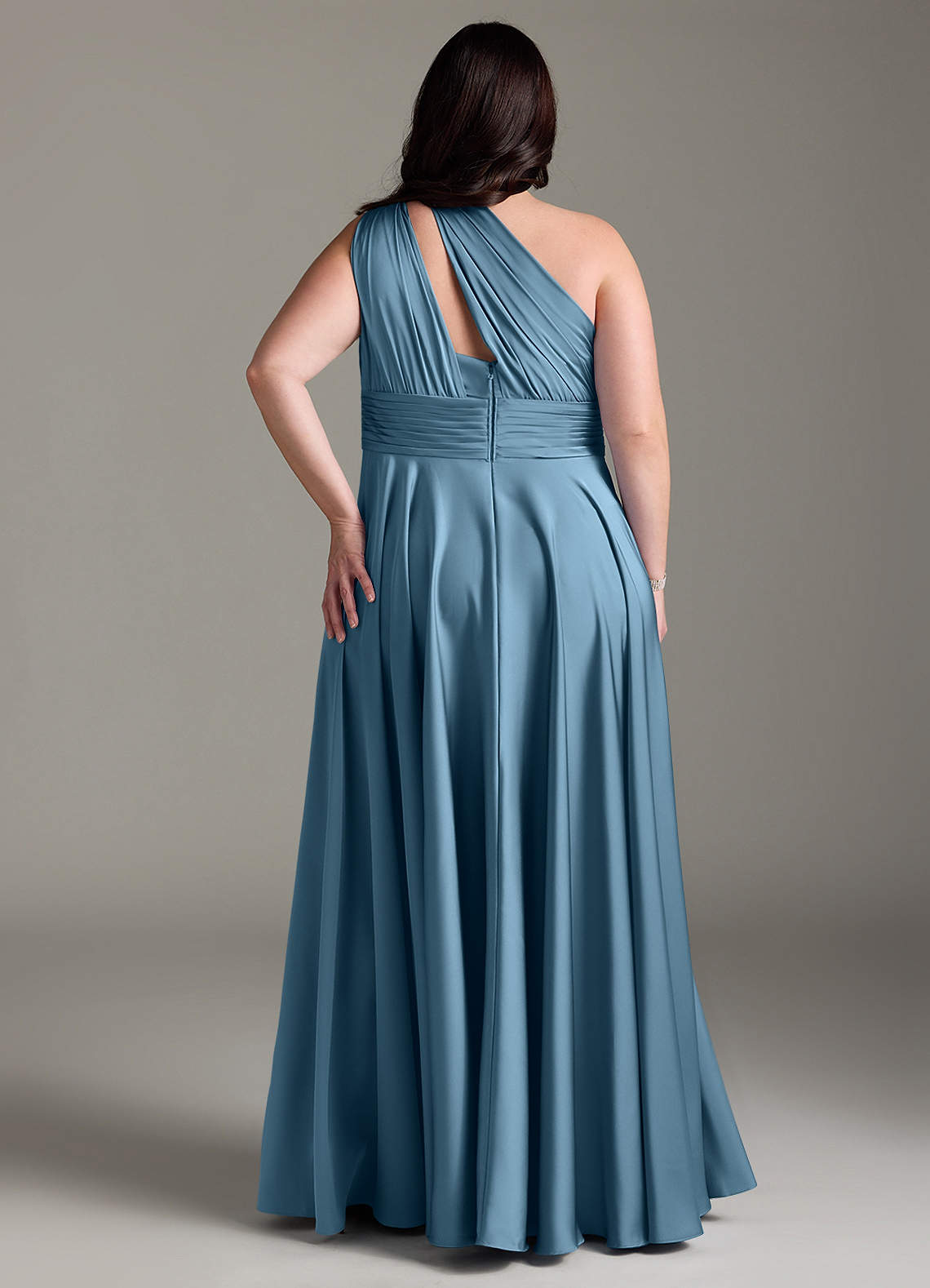Azazie Charlize Vestidos de damas de honor Vestido de Azul Acero de Satén Elástico de Corte en A con Hombro unilateral image9