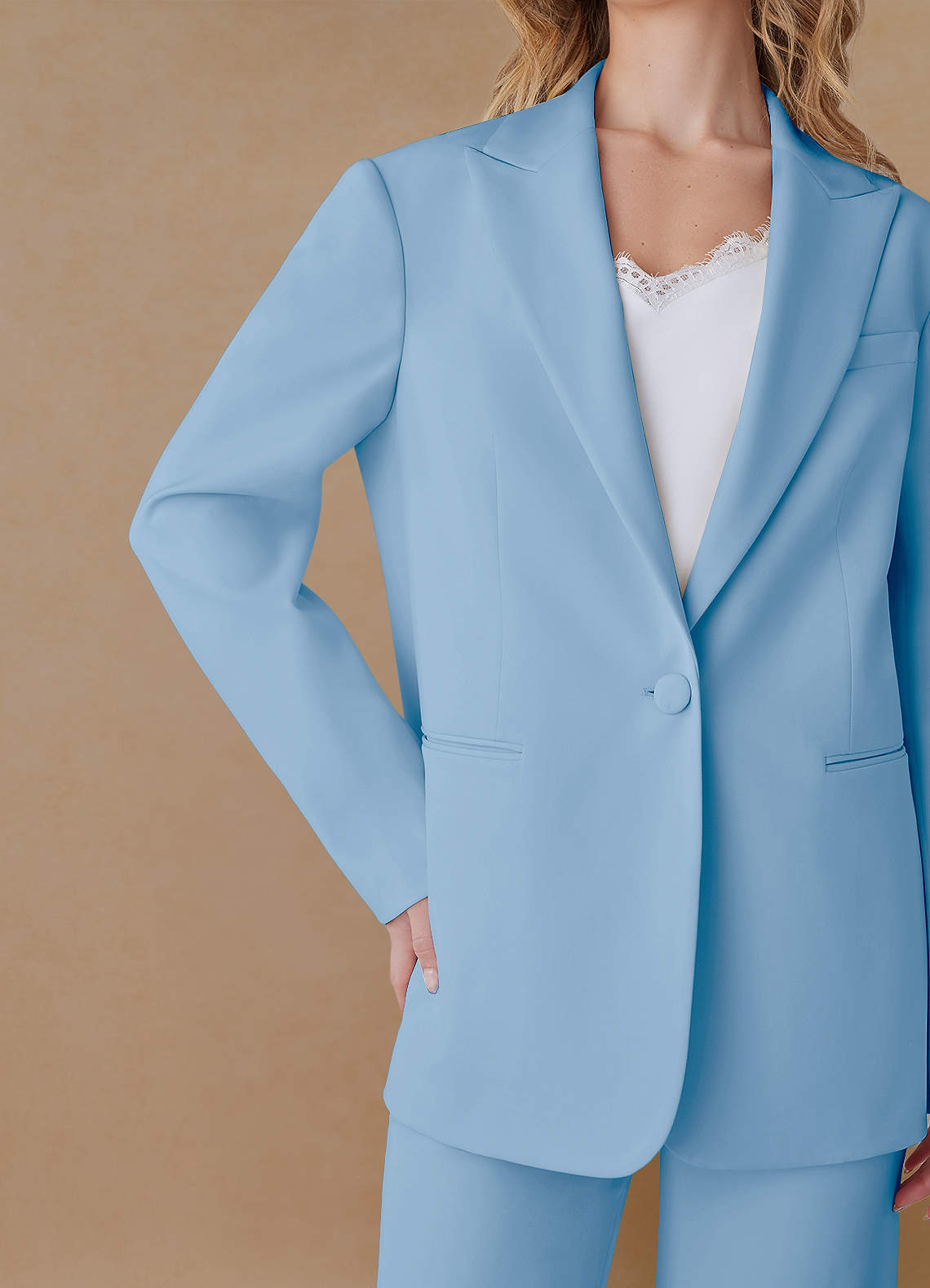 front Amelia Sky Blue Refined Weave Performance Oversized Blazer