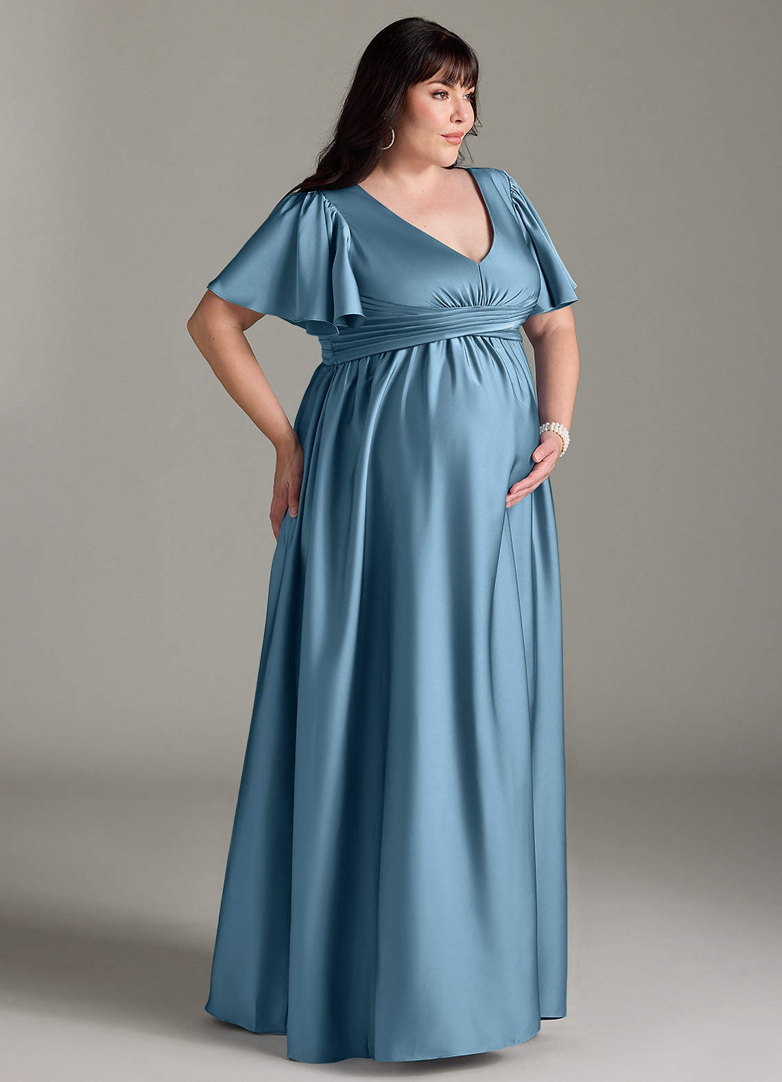 Azazie Verna Maternity Bridesmaid Dresses A-Line Ruched Stretch Satin Floor-Length Dress image11