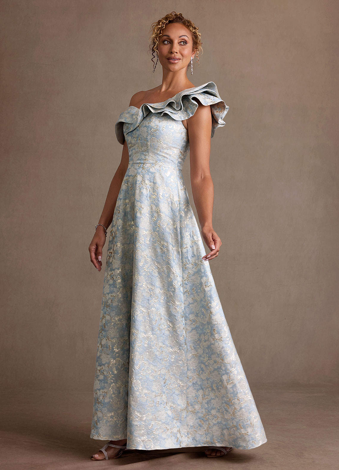 Azazie Fran Dusty Blue A-Line Ruched Jacquard Dress | Azazie