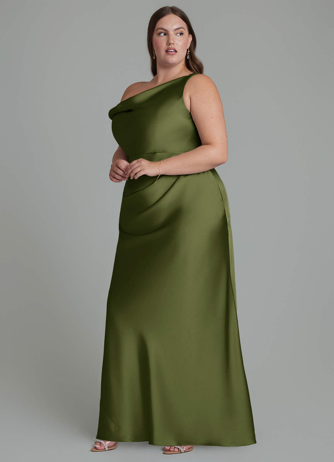 Azazie Emerson Bridesmaid Dresses Olive Mermaid Off the Shoulder Stretch Satin Dress image9