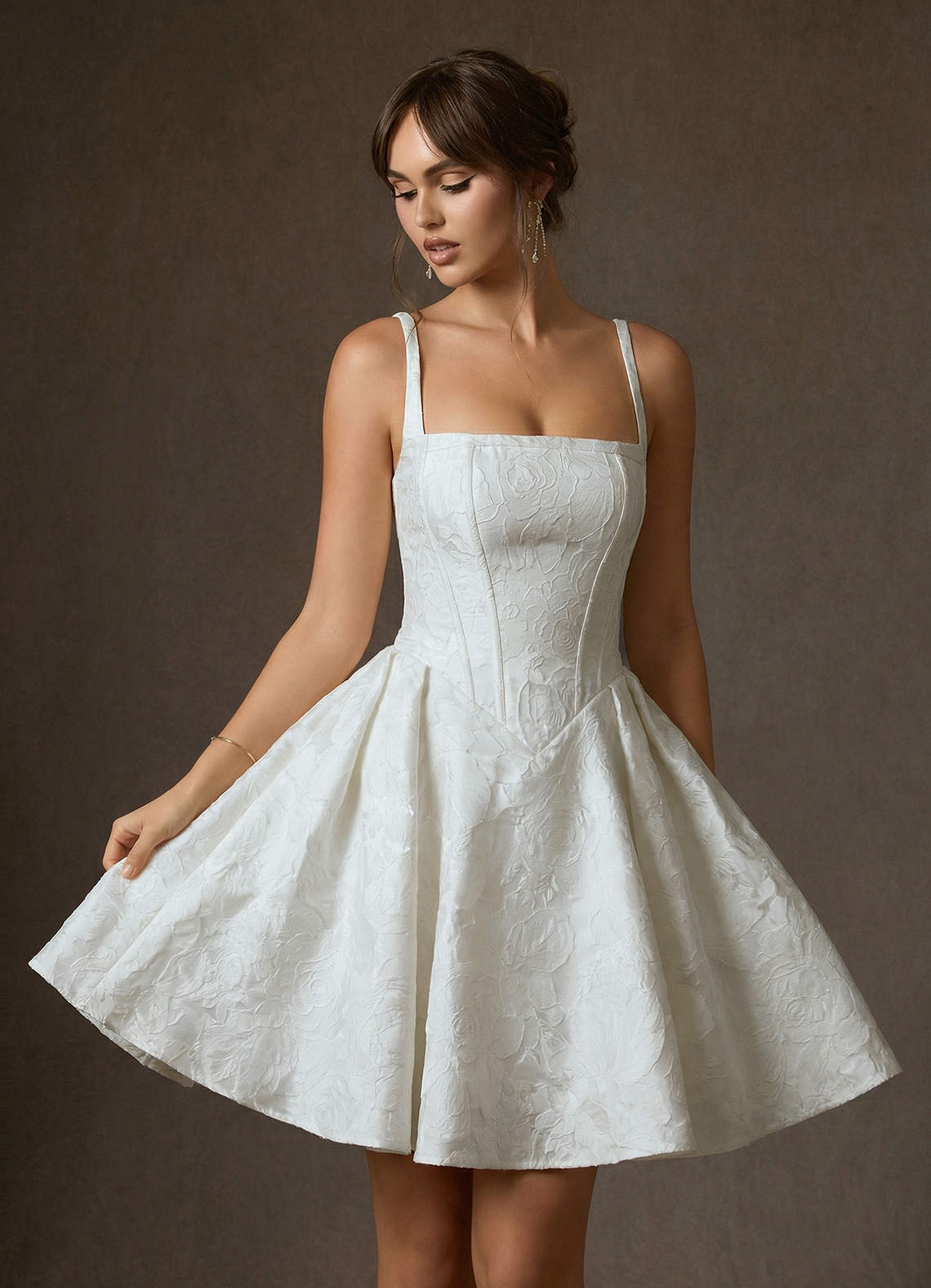 Azazie Daisley Wedding Dresses Diamond White A-Line with Pockets Floral Jacquard Dress image3