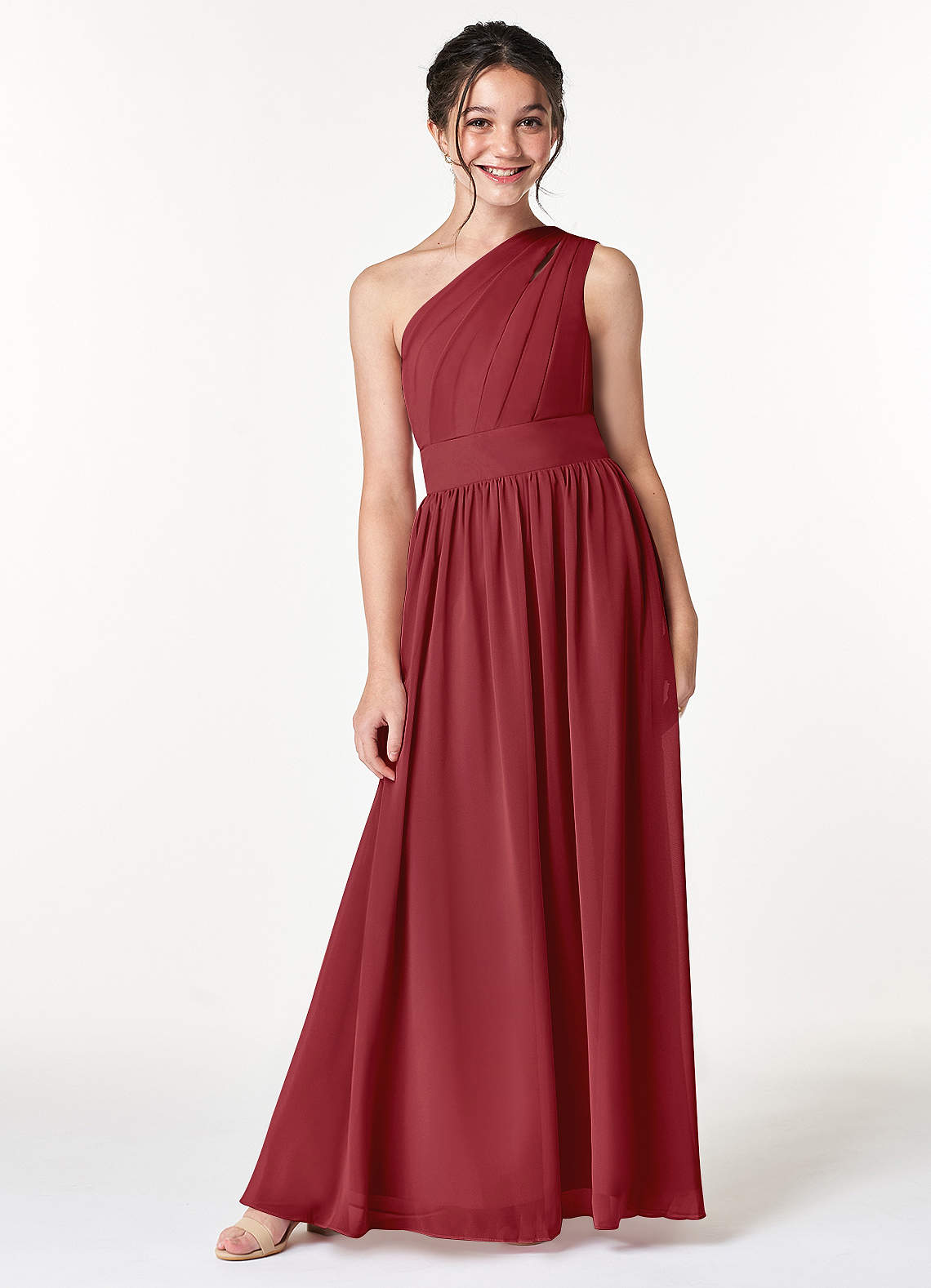 Azazie Molly Junior Abito A-Line in Chiffon Plissettato Melograno image1