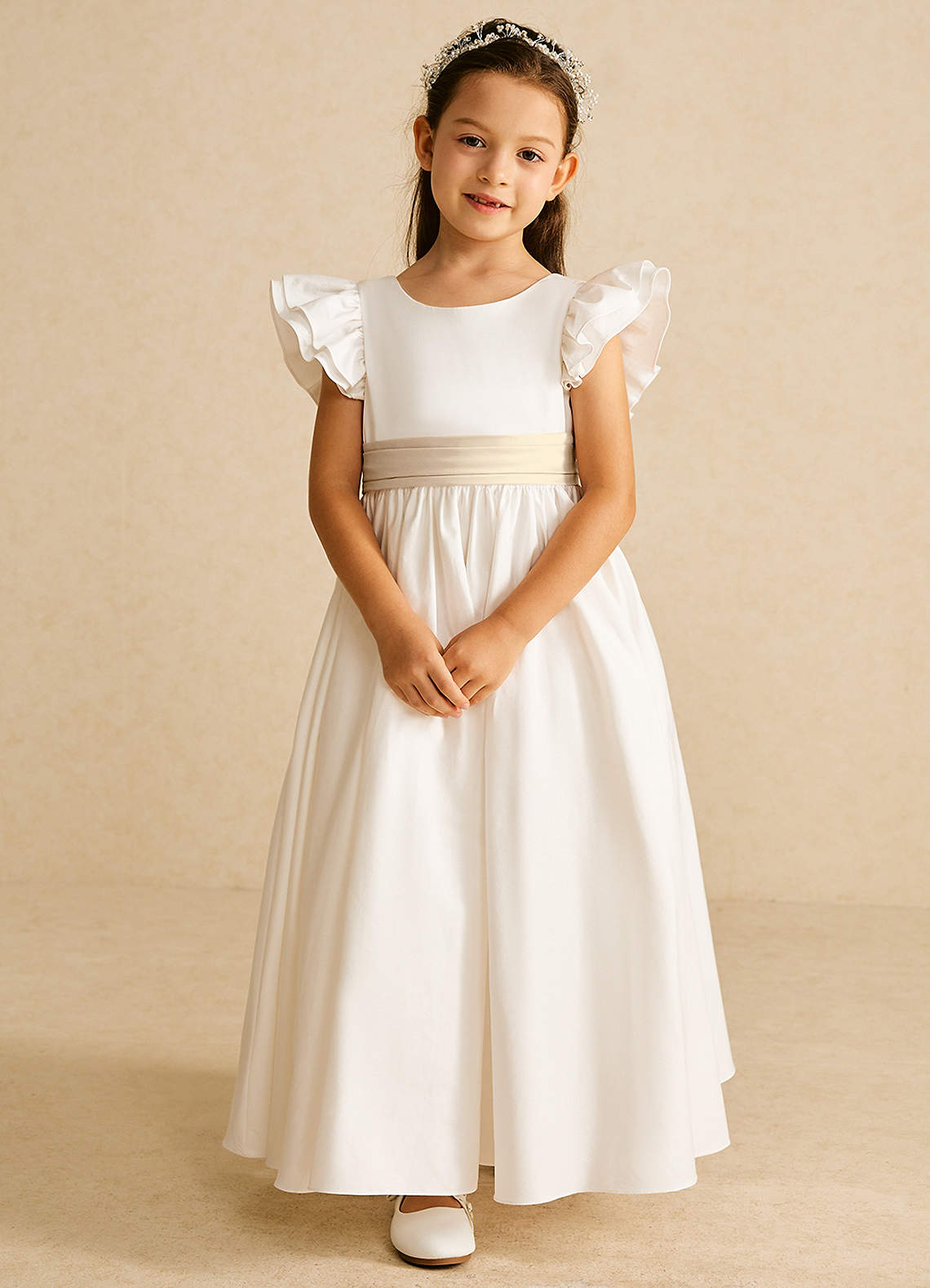 Azazie Aero Flower Girl Dresses Ivory Champagne A-Line Pleated Cotton Dress image3